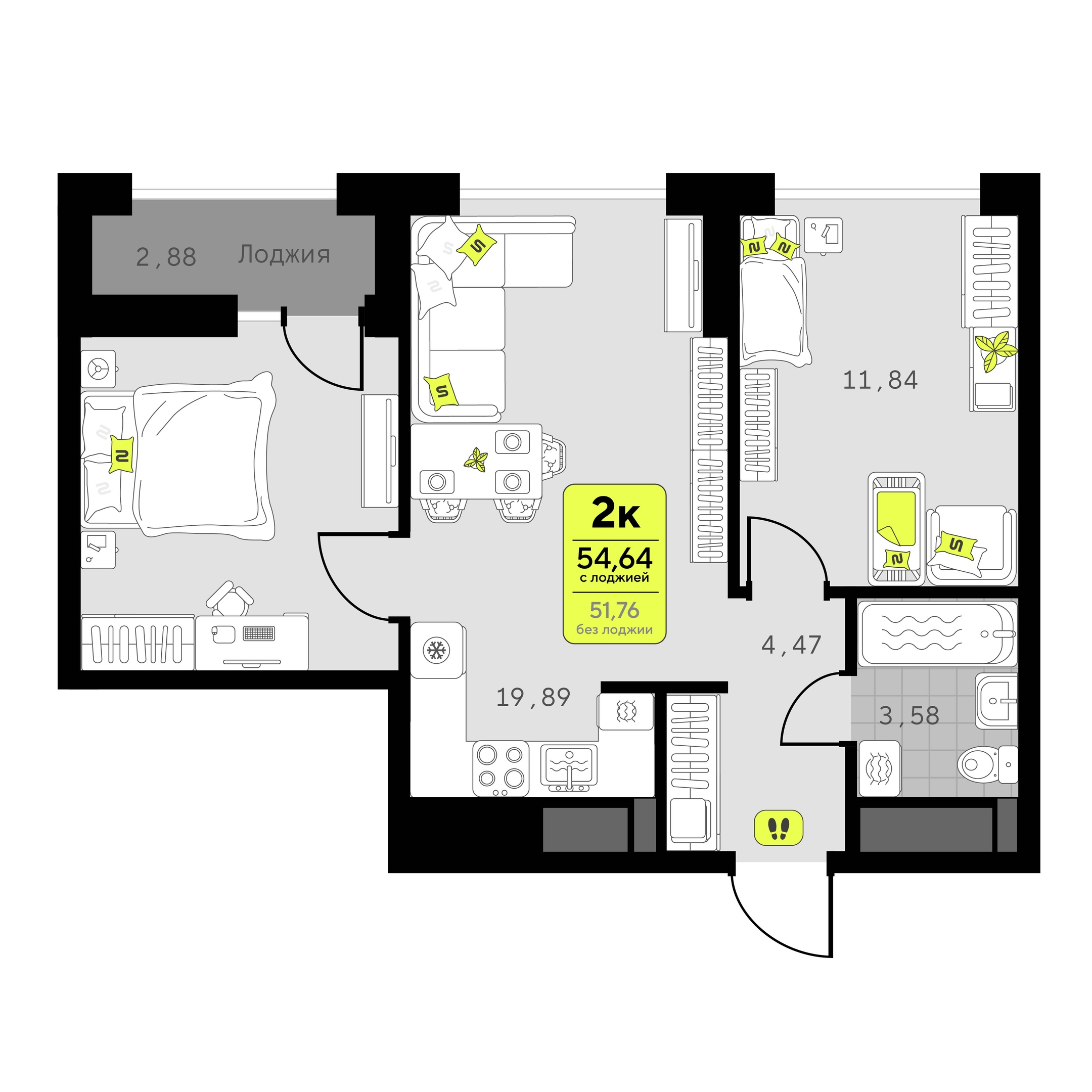 Планировка: Евротрешка 54.6 м² в ЖК Мотивы, От Плеханова до Южного