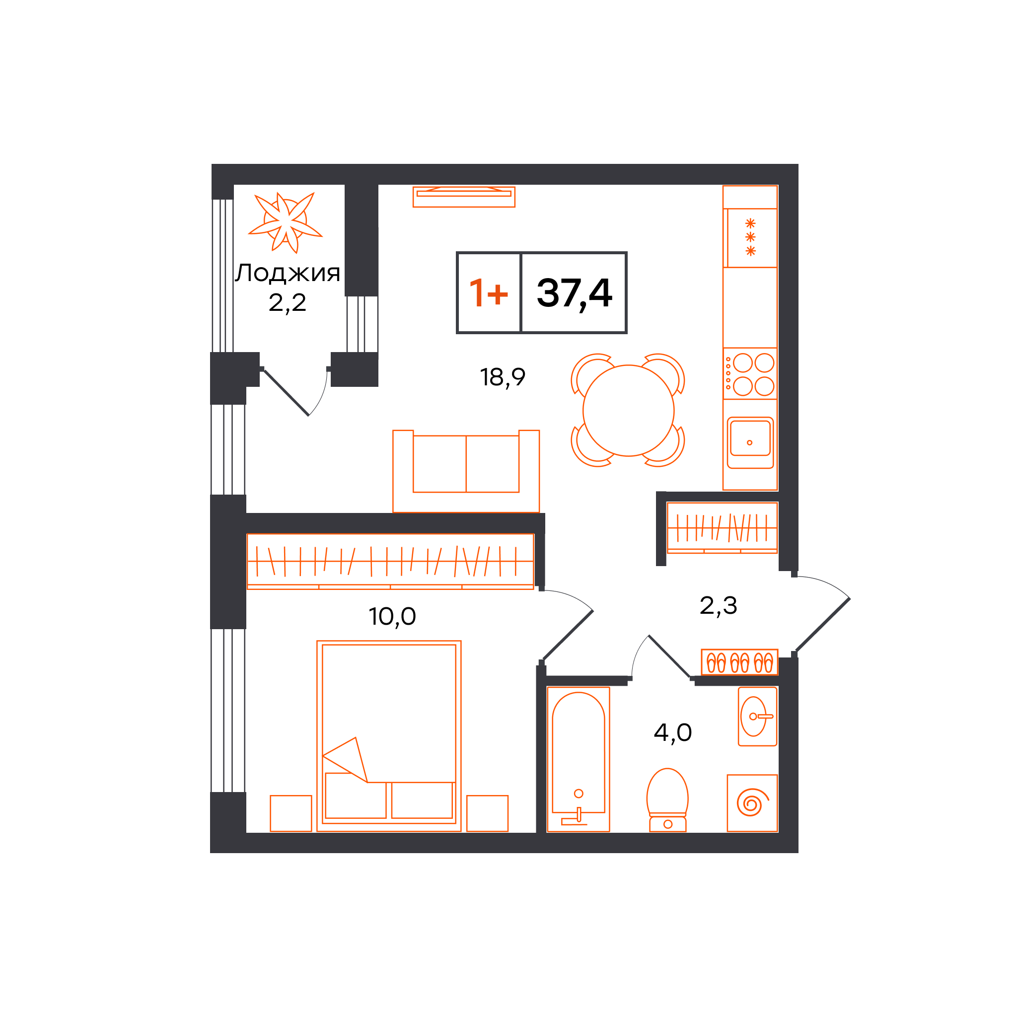 Планировка: Евродвушка 37.4 м² в ЖК Чемпионский, Чемпионский