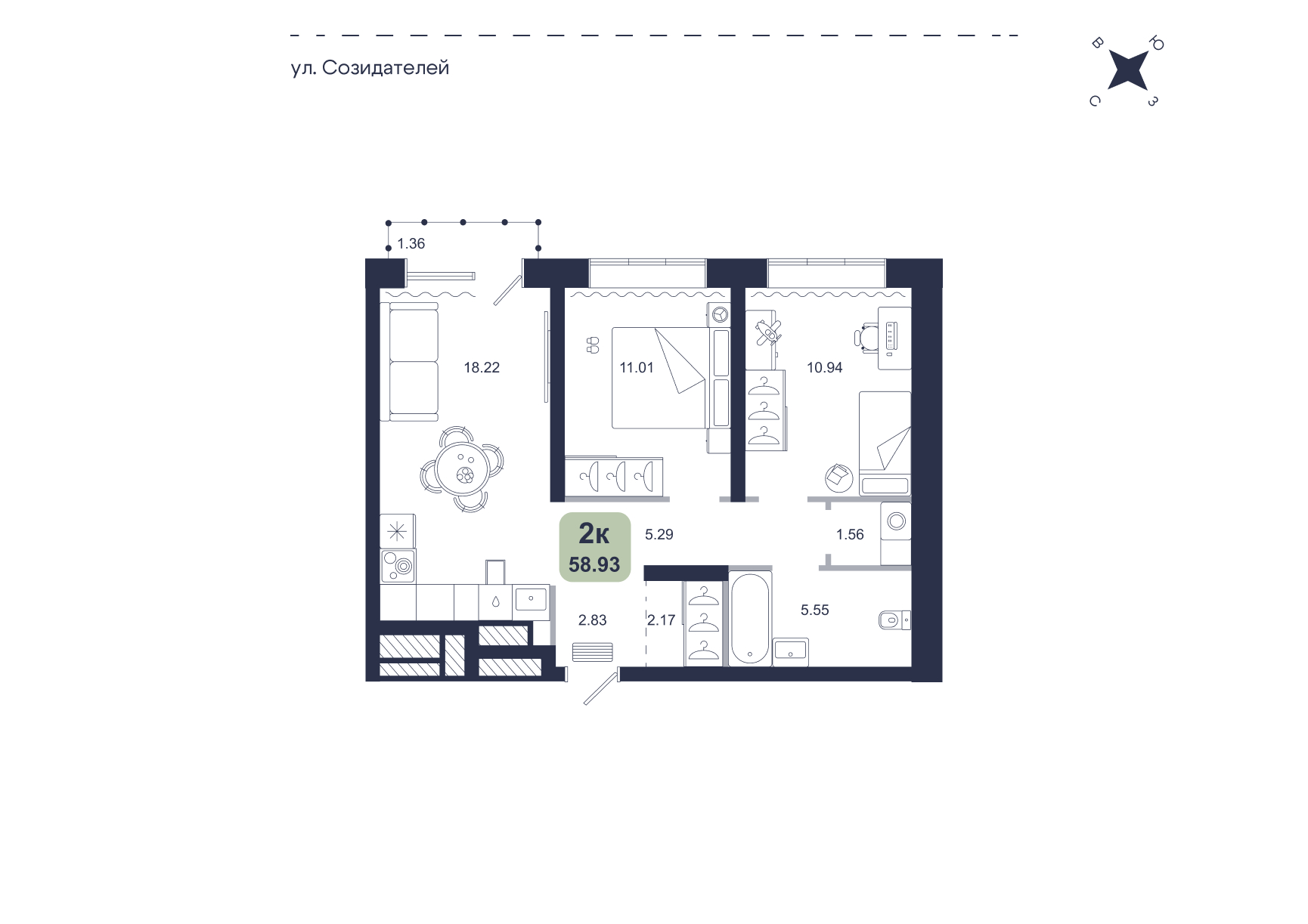 Планировка: Евротрешка 58.9 м² в ЖК Хито, От Слободы до Комарово парк