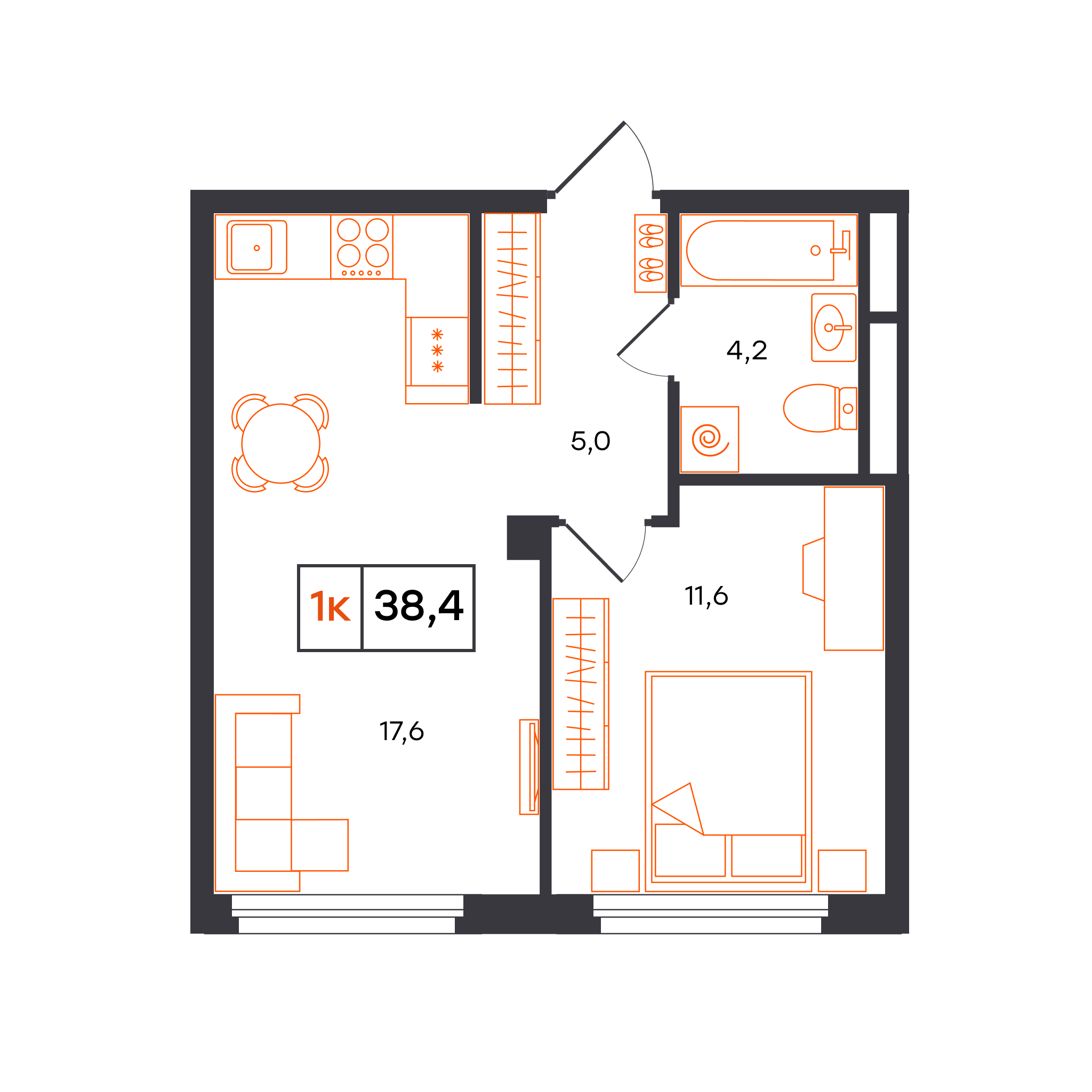 Планировка: Евродвушка 38.4 м² в ЖК Отличие, Комарово Парк