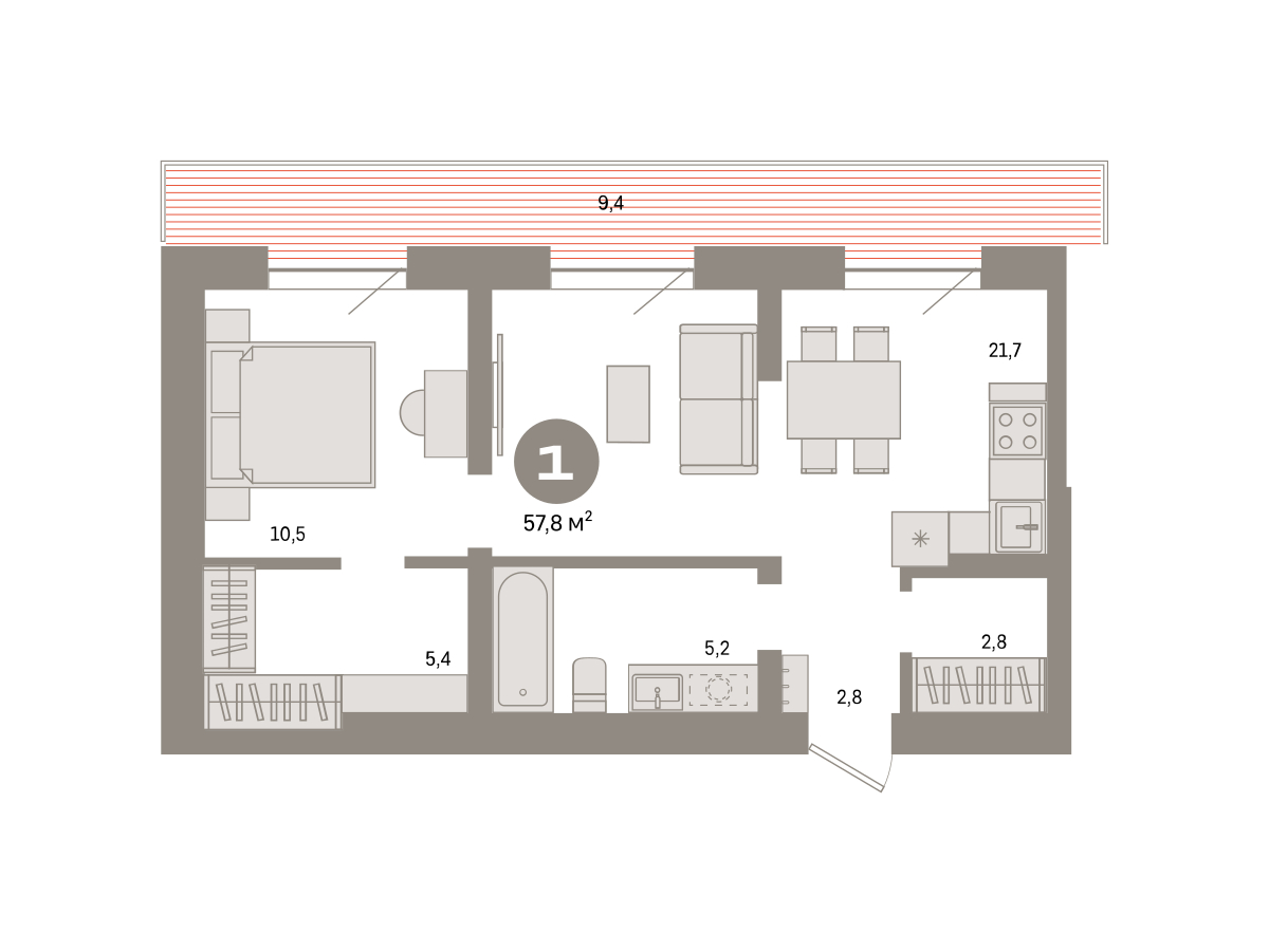 Планировка: Евродвушка 57.8 м² в ЖК Речной порт, Центр: Дом печати