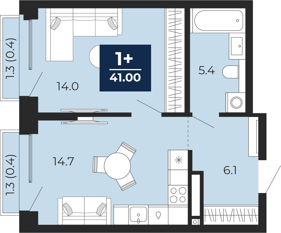 Планировка: Евродвушка 42.8 м² в ЖК Мириады, Мыс