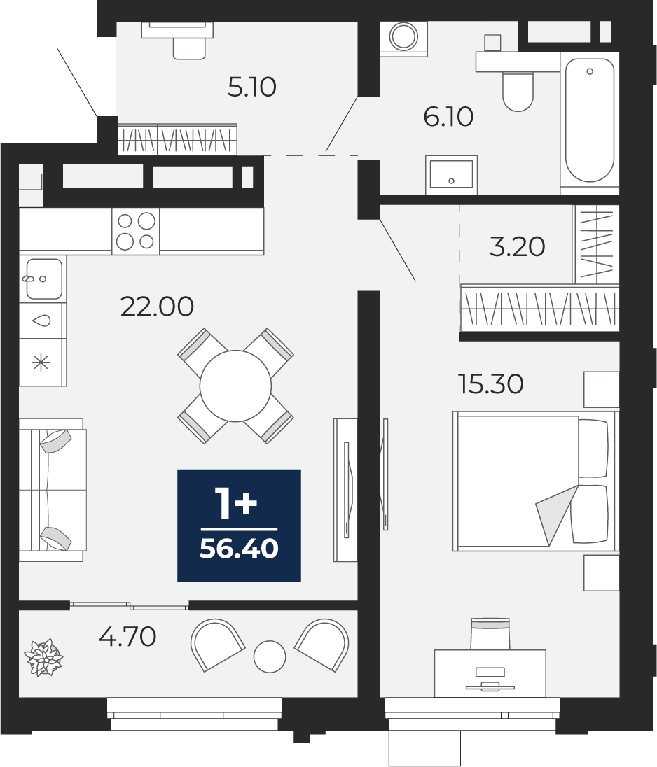 Планировка: 1-комнатная 56.4 м² в ЖК Айвазовский, 5-й Заречный