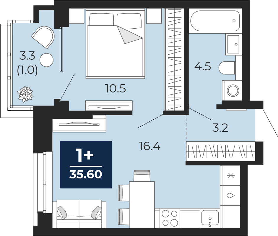 Планировка: Евродвушка 37.9 м² в ЖК Мириады, Мыс