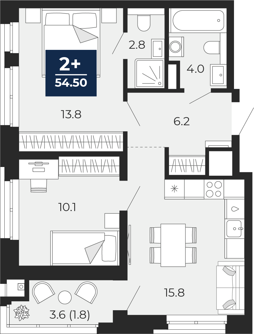 Планировка: Евротрешка 56.3 м² в ЖК Мириады, Мыс