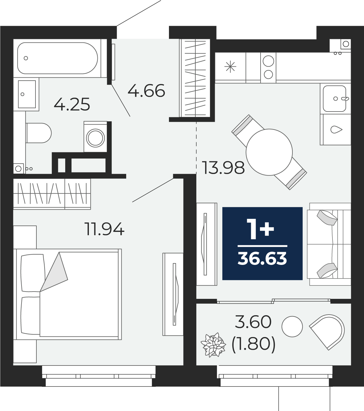 Планировка: Евродвушка 38.4 м² в ЖК Прео, Тюменская слобода
