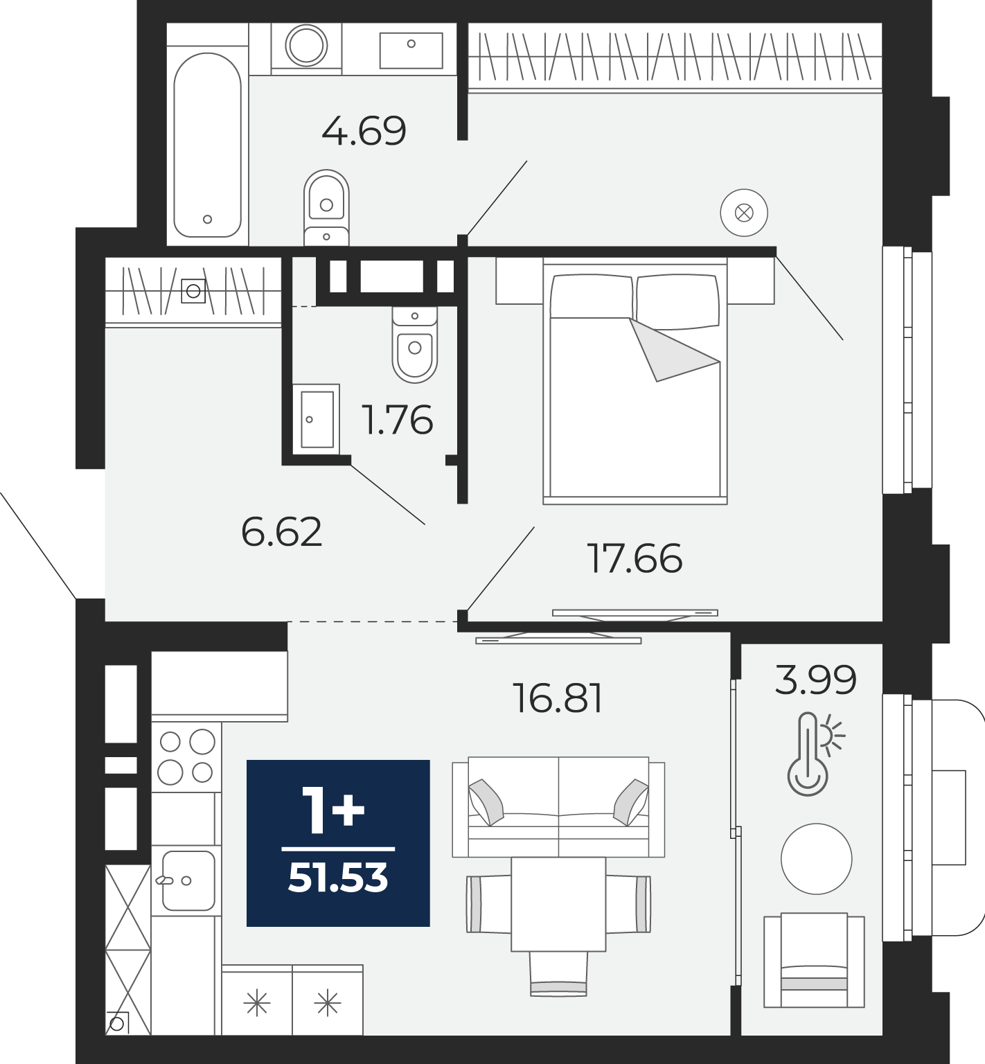 Планировка: Евродвушка 51.5 м² в ЖК Айвазовский, 5-й Заречный