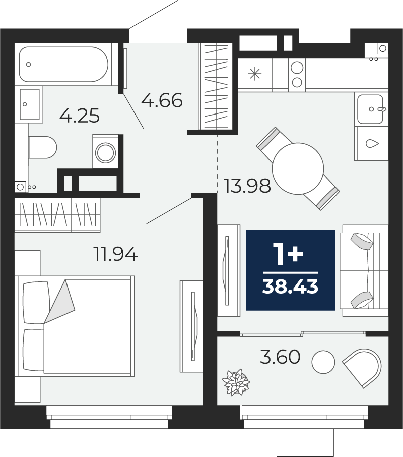 Планировка: Евродвушка 38.4 м² в ЖК Прео, Тюменская слобода