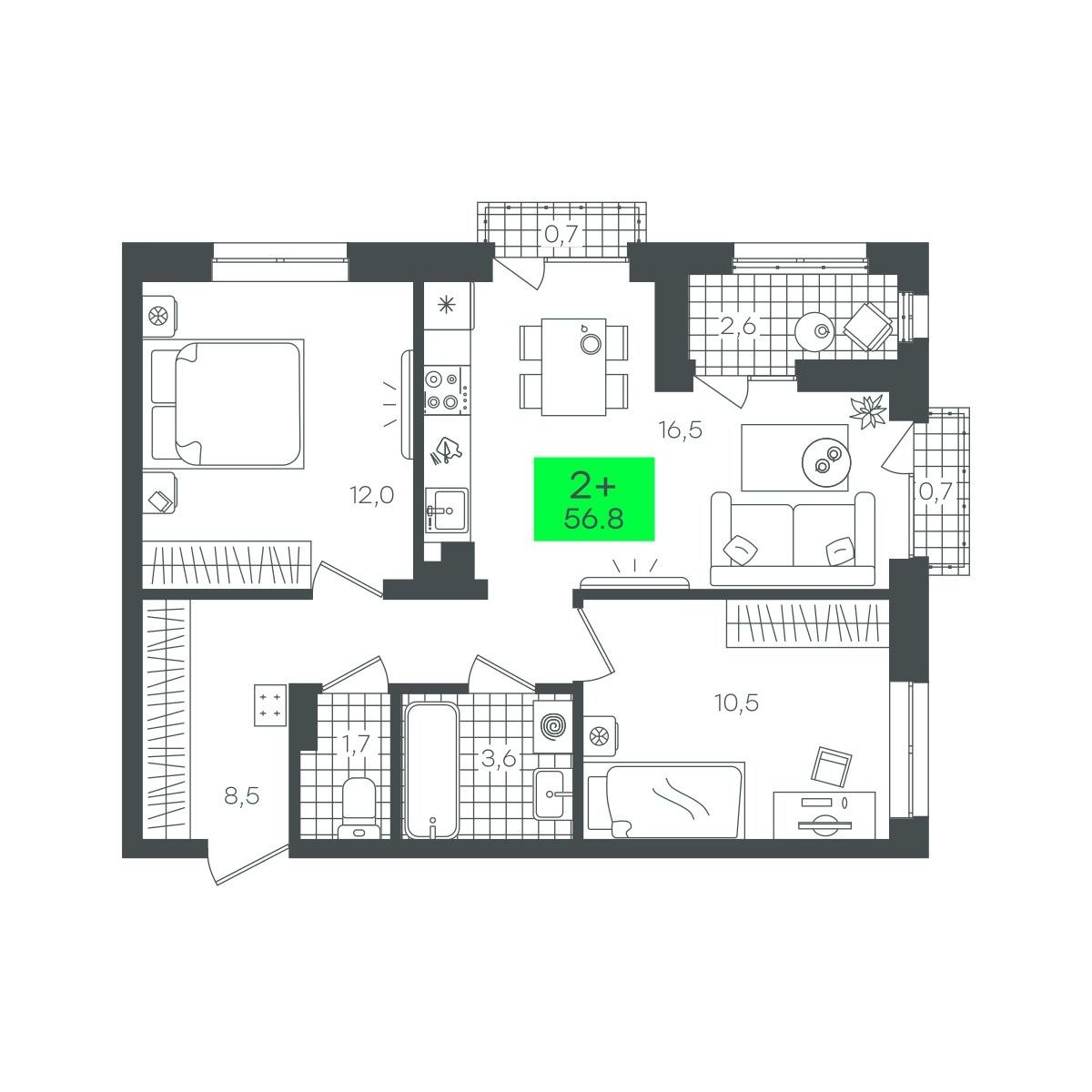 Планировка: Евротрешка 56.8 м² в ЖК Сезоны, От Слободы до Комарово парк