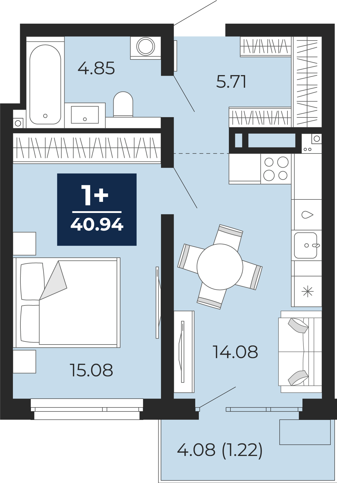 Планировка: Евродвушка 43.8 м² в ЖК Прео, Тюменская слобода