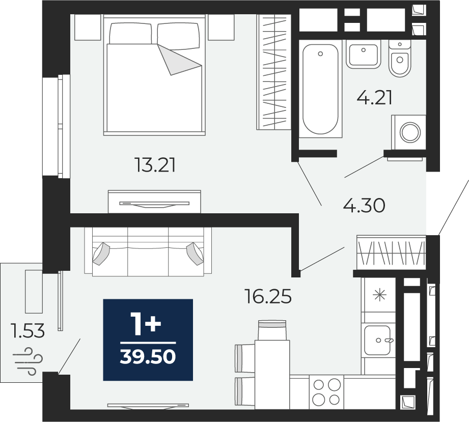 Планировка: Евродвушка 39.5 м² в ЖК Беринг, Лесобаза