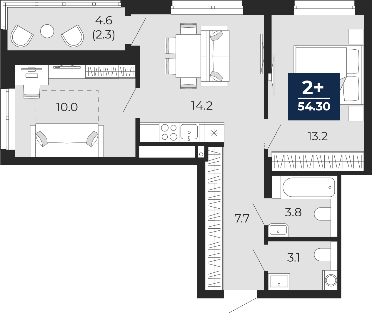 Планировка: Евротрешка 56.6 м² в ЖК Мириады, Мыс