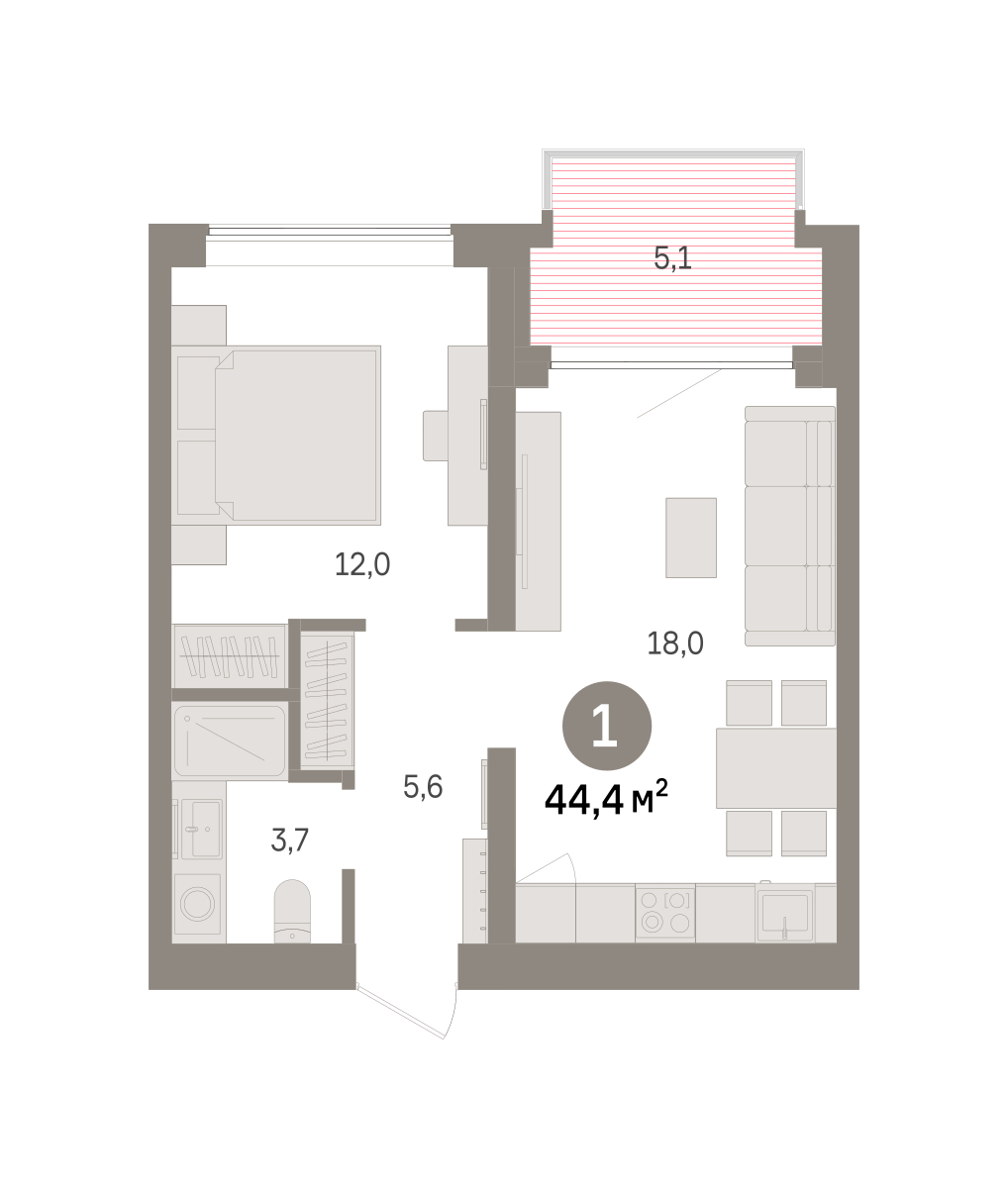 Планировка: 1-комнатная 44.4 м² в ЖК Речной порт, Центр: Дом печати