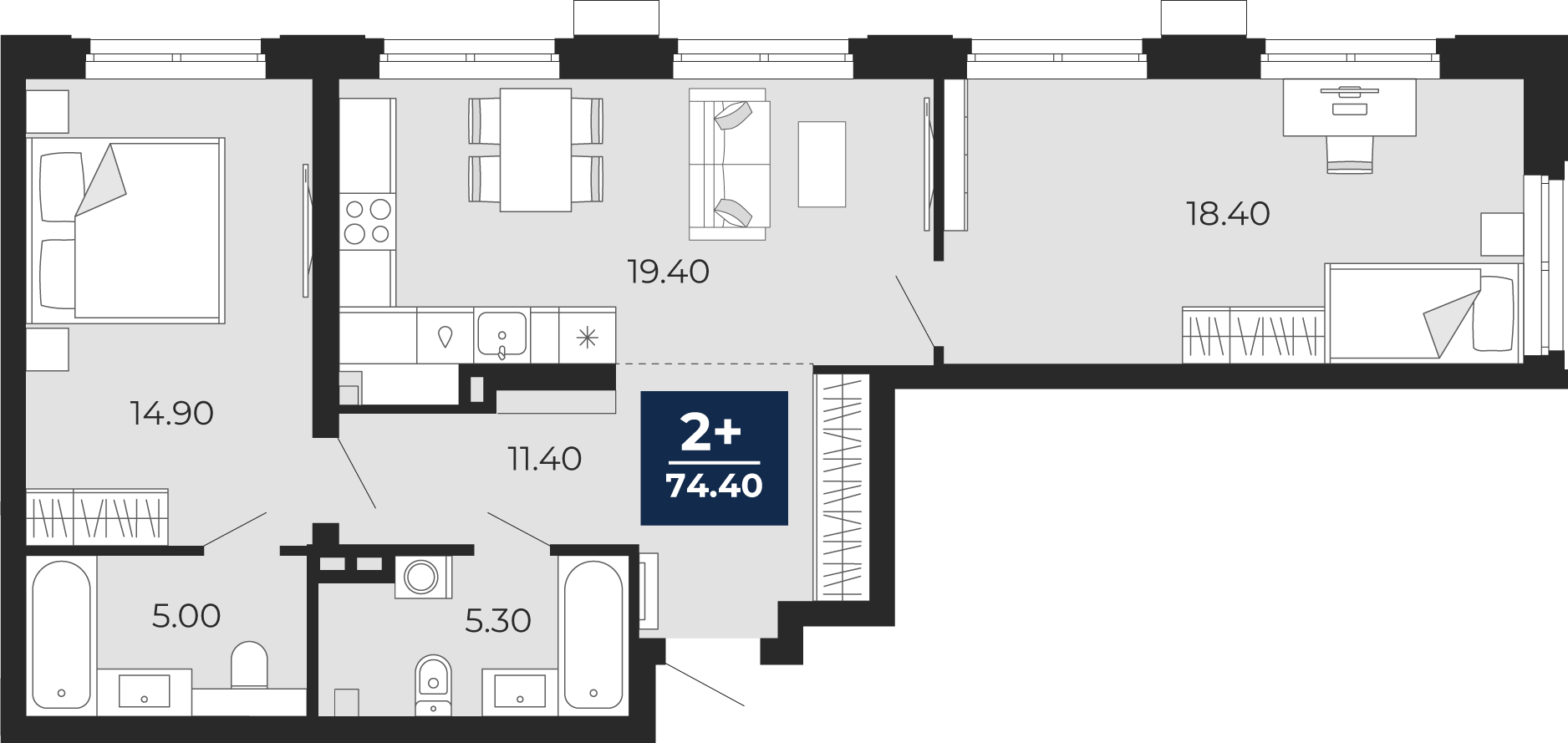 Планировка: Евротрешка 74.4 м² в ЖК Айвазовский, 5-й Заречный