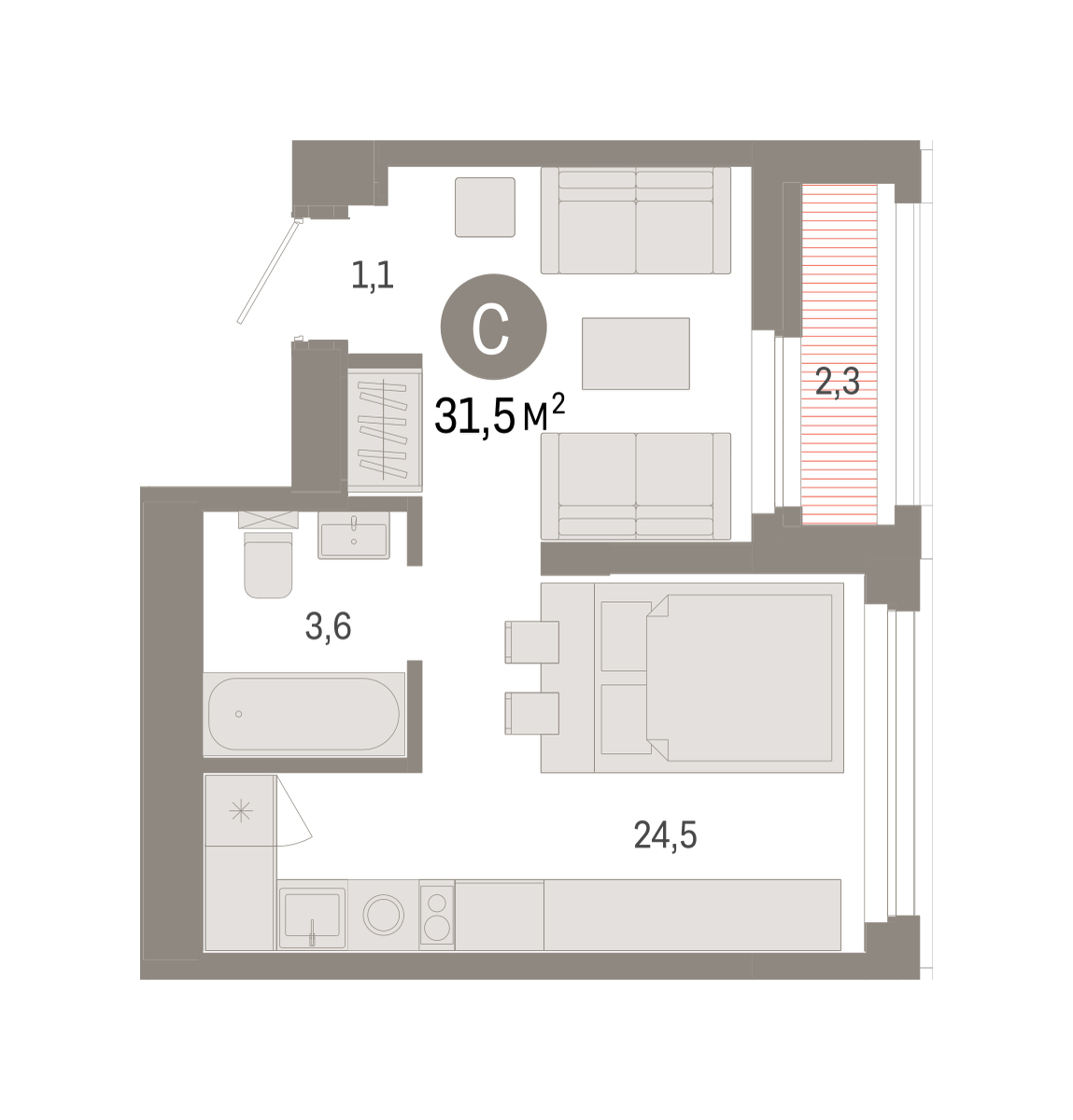 Планировка: Студия 31.5 м² в ЖК Зарека, Заречный