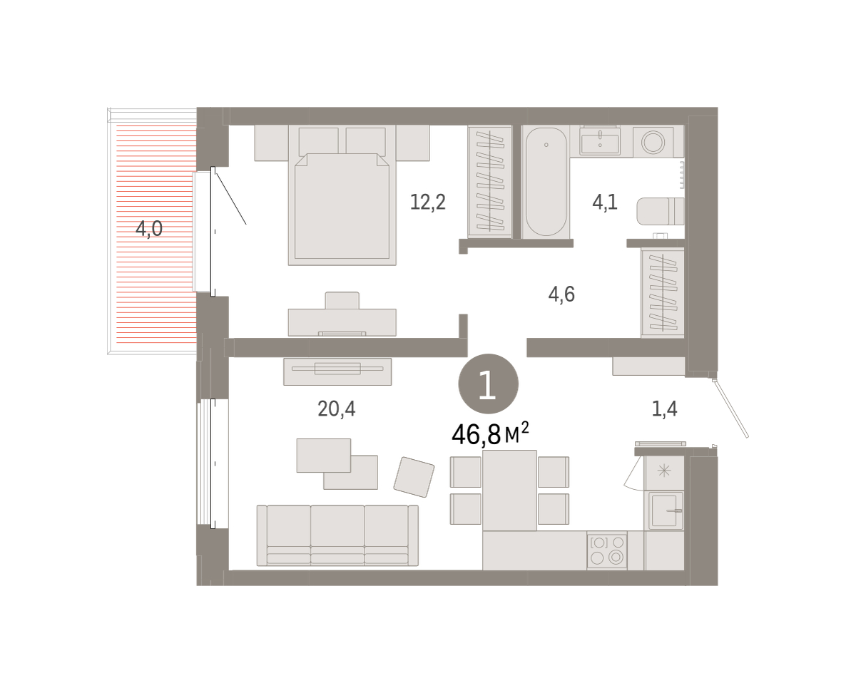 Планировка: Евродвушка 46.8 м² в ЖК На Минской, Центр: Драмтеатр