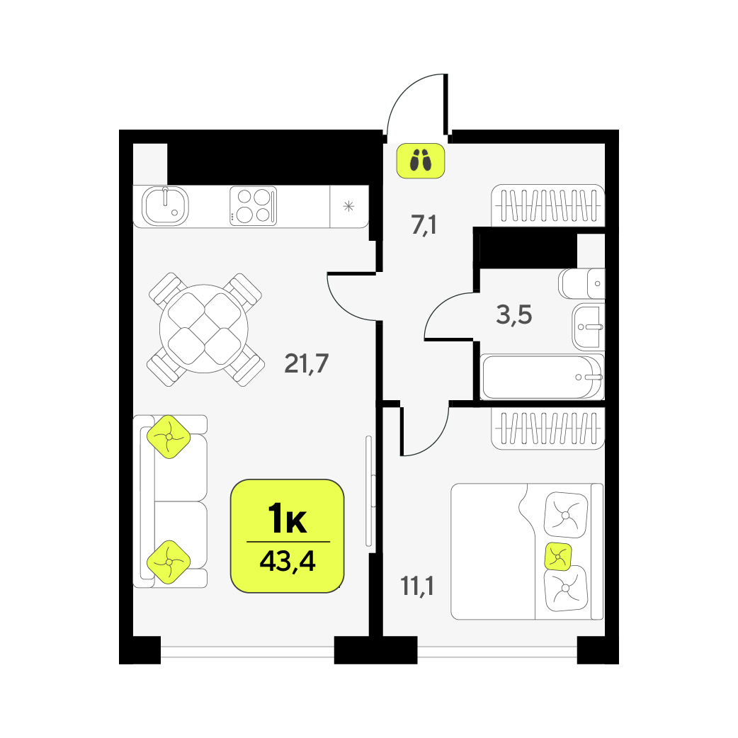 Планировка: Евродвушка 43.4 м² в ЖК Дивный квартал у озера, 5-й Заречный