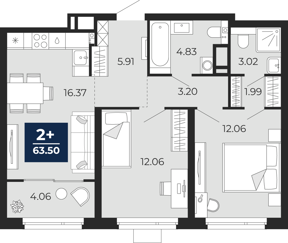Планировка: Евротрешка 63.5 м² в ЖК Прео, Тюменская слобода