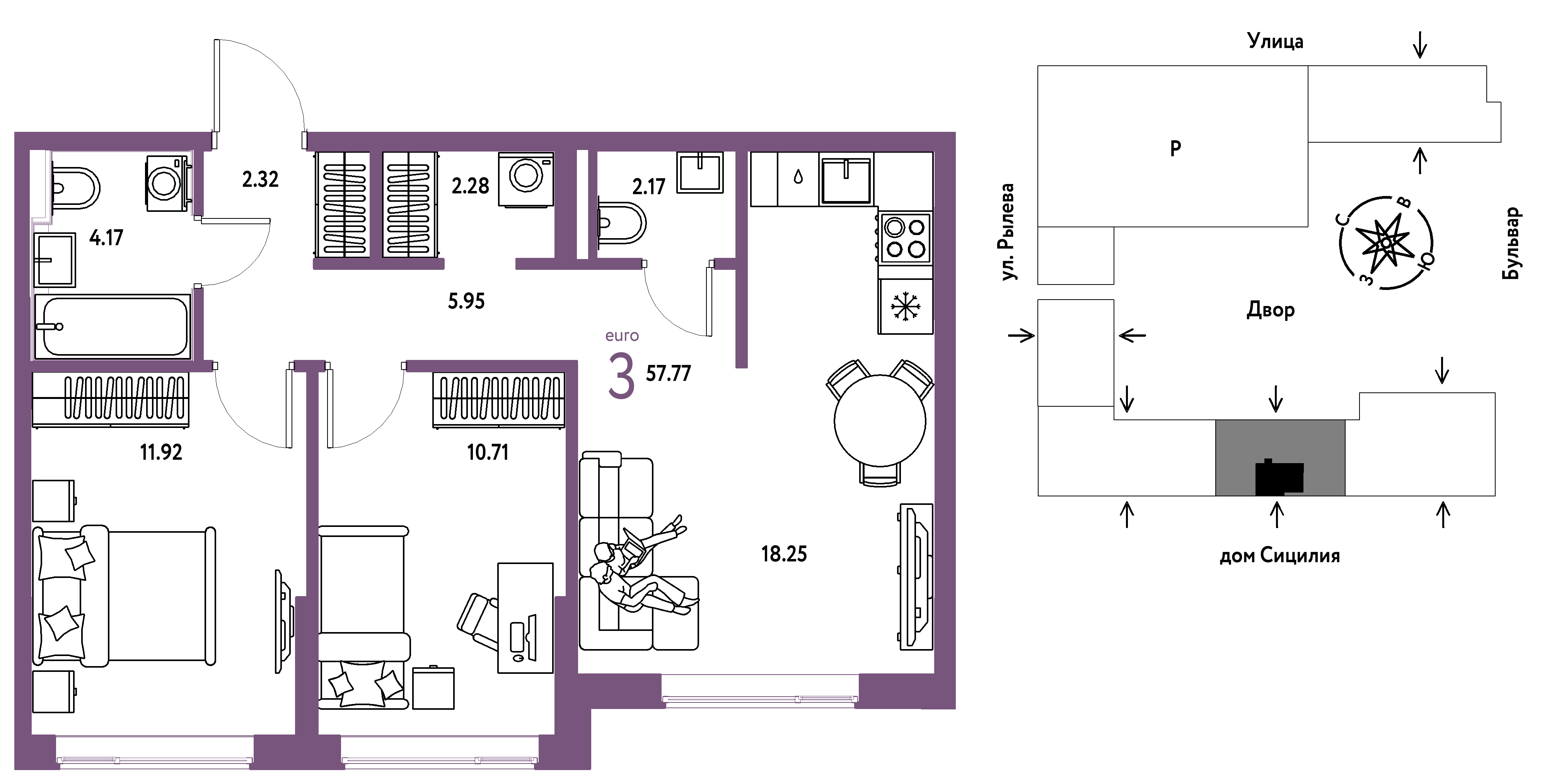 Планировка: 3-комнатная 57.8 м² в ЖК Остров-сад, ДОК