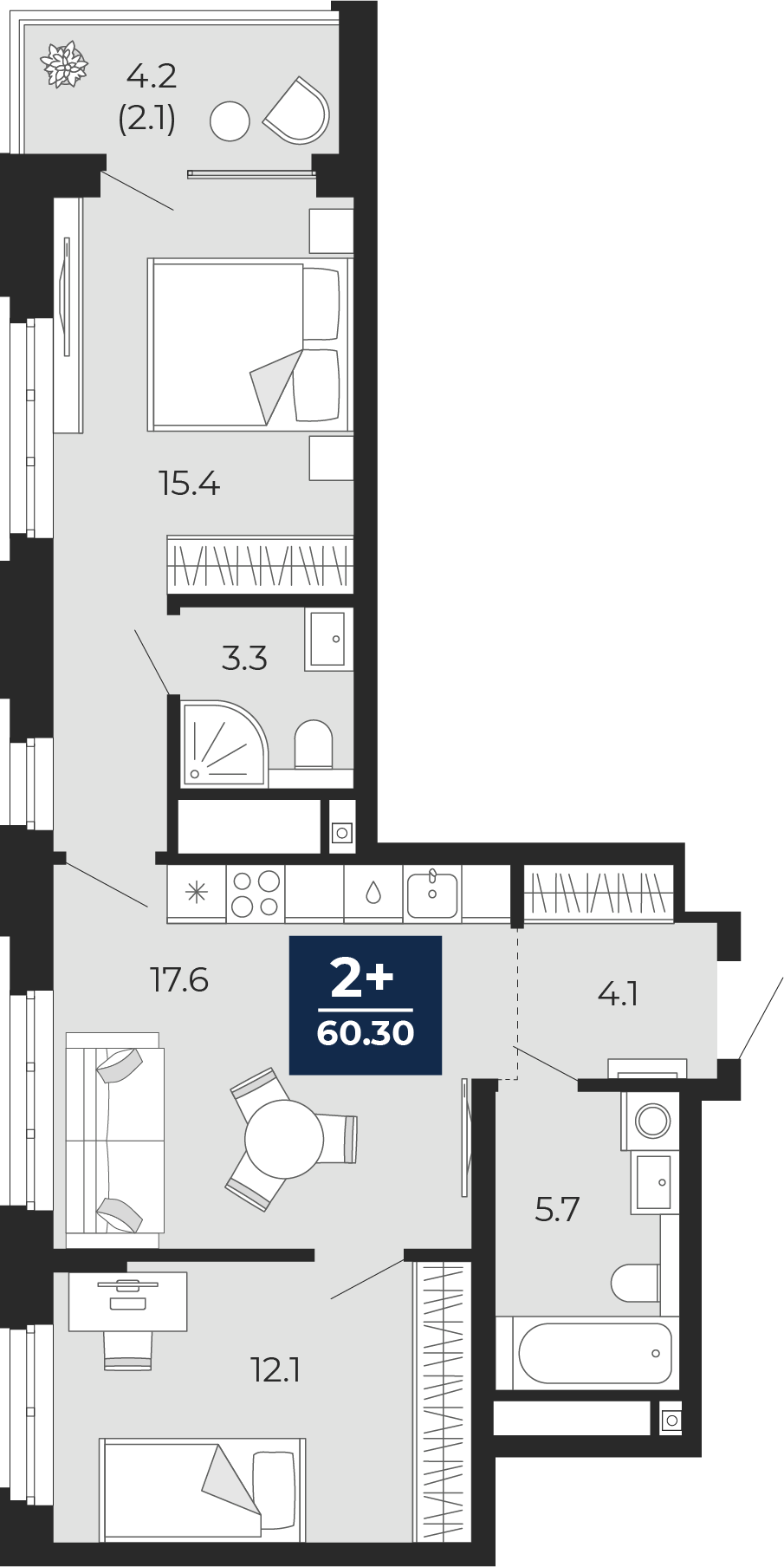 Планировка: 2-комнатная 62.4 м² в ЖК Мириады, Мыс