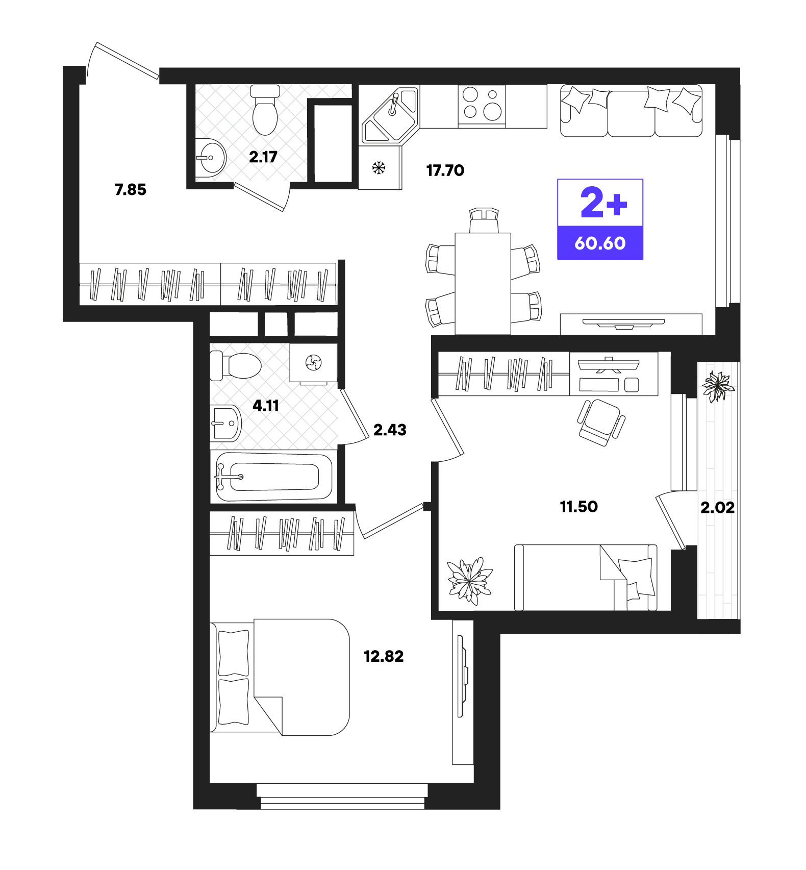 Планировка: Евротрешка 60.5 м² в ЖК Отличие, Комарово Парк