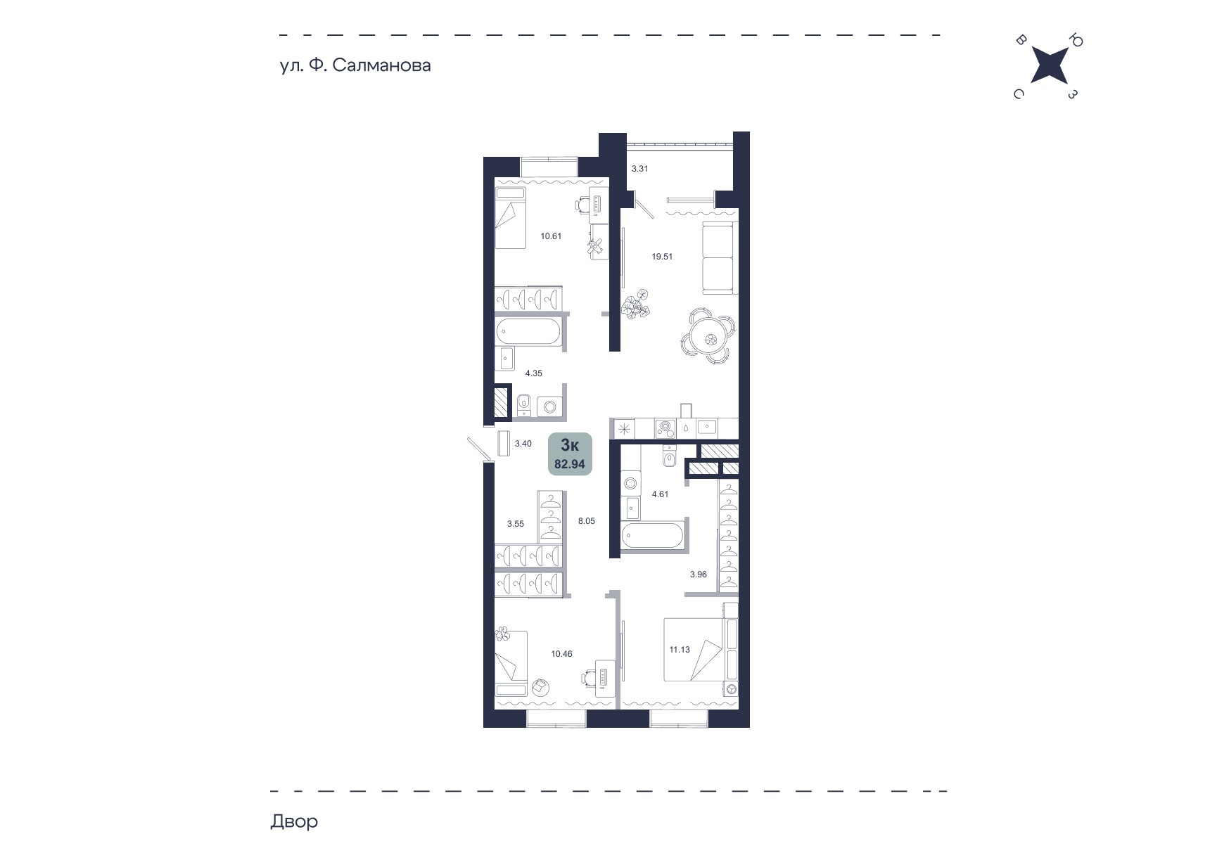 Планировка: 4-комнатная евро 82.9 м² в ЖК Хито, От Слободы до Комарово парк