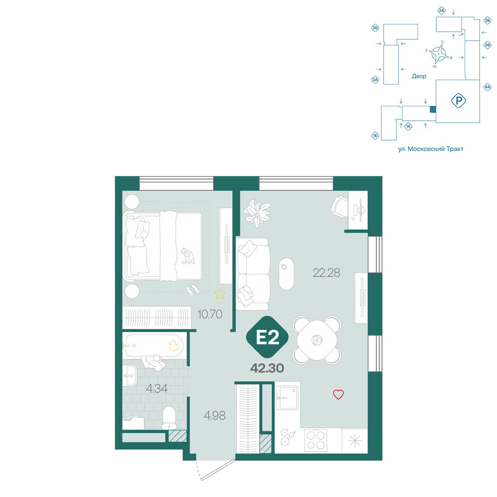 Планировка: Евродвушка 42.3 м² в ЖК Сибирский, Московский тракт