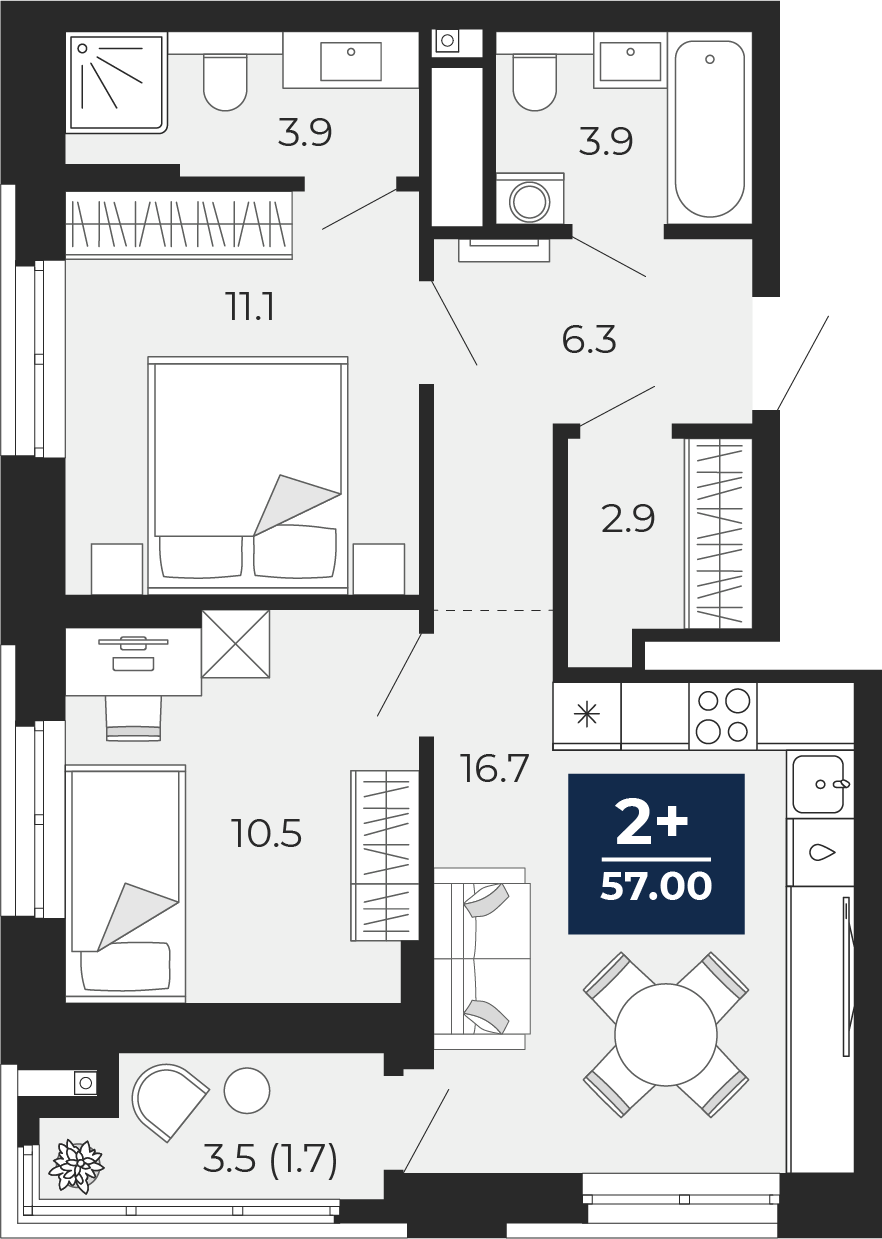 Планировка: Евротрешка 58.8 м² в ЖК Мириады, Мыс
