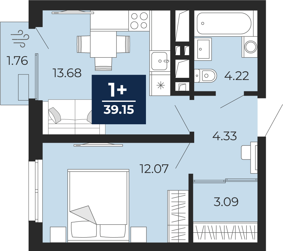 Планировка: Евродвушка 39.1 м² в ЖК Беринг, Лесобаза