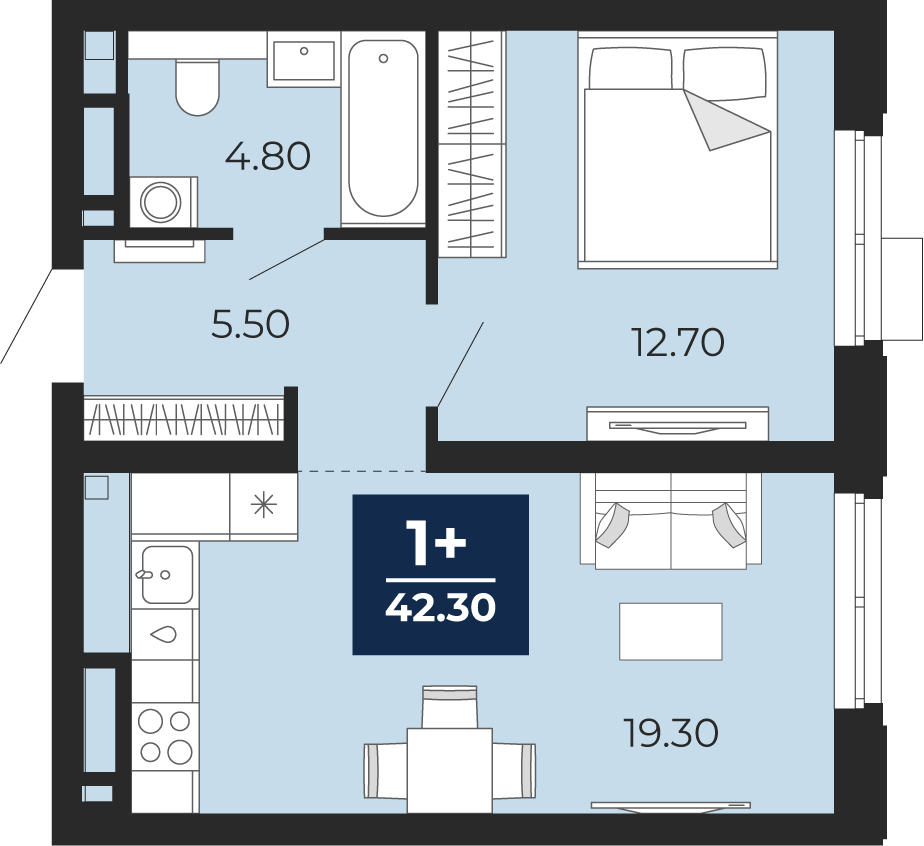 Планировка: 1-комнатная 42.3 м² в ЖК Айвазовский, 5-й Заречный