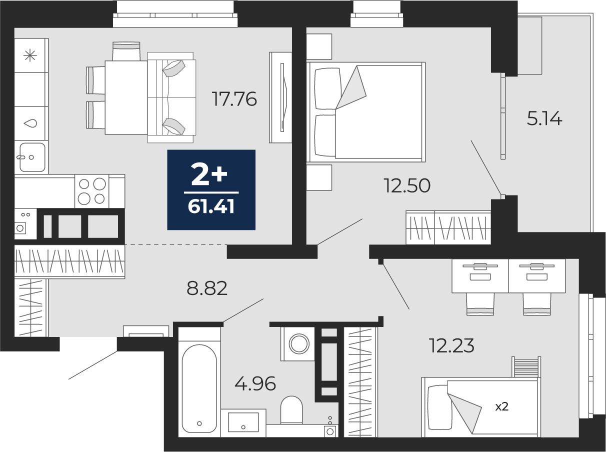 Планировка: Евротрешка 61.4 м² в ЖК Прео, Тюменская слобода
