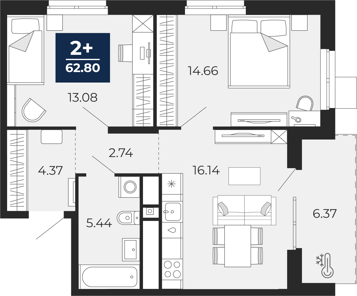 Планировка: Евротрешка 62.8 м² в ЖК Мириады, Мыс