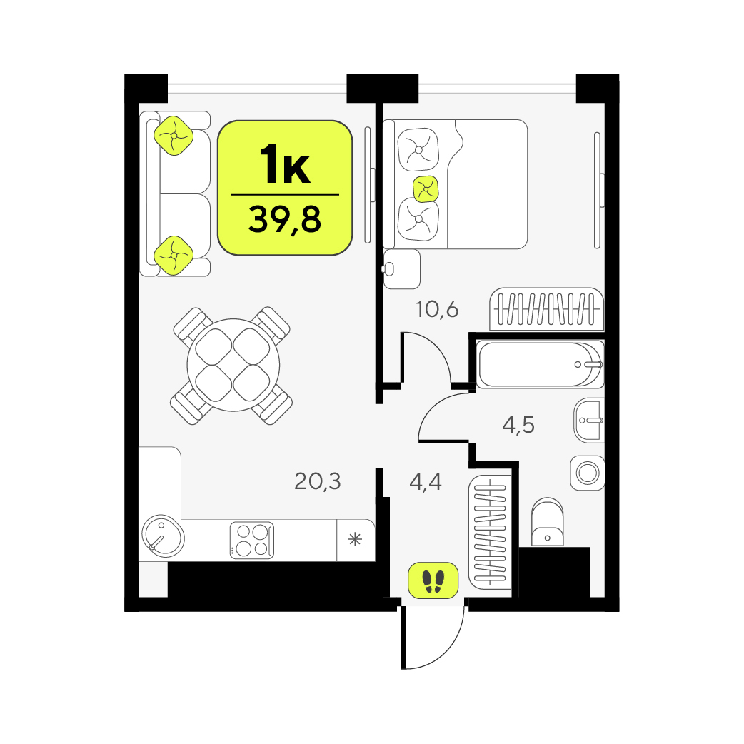 Планировка: Евродвушка 39.8 м² в ЖК Дивный квартал у озера, 5-й Заречный