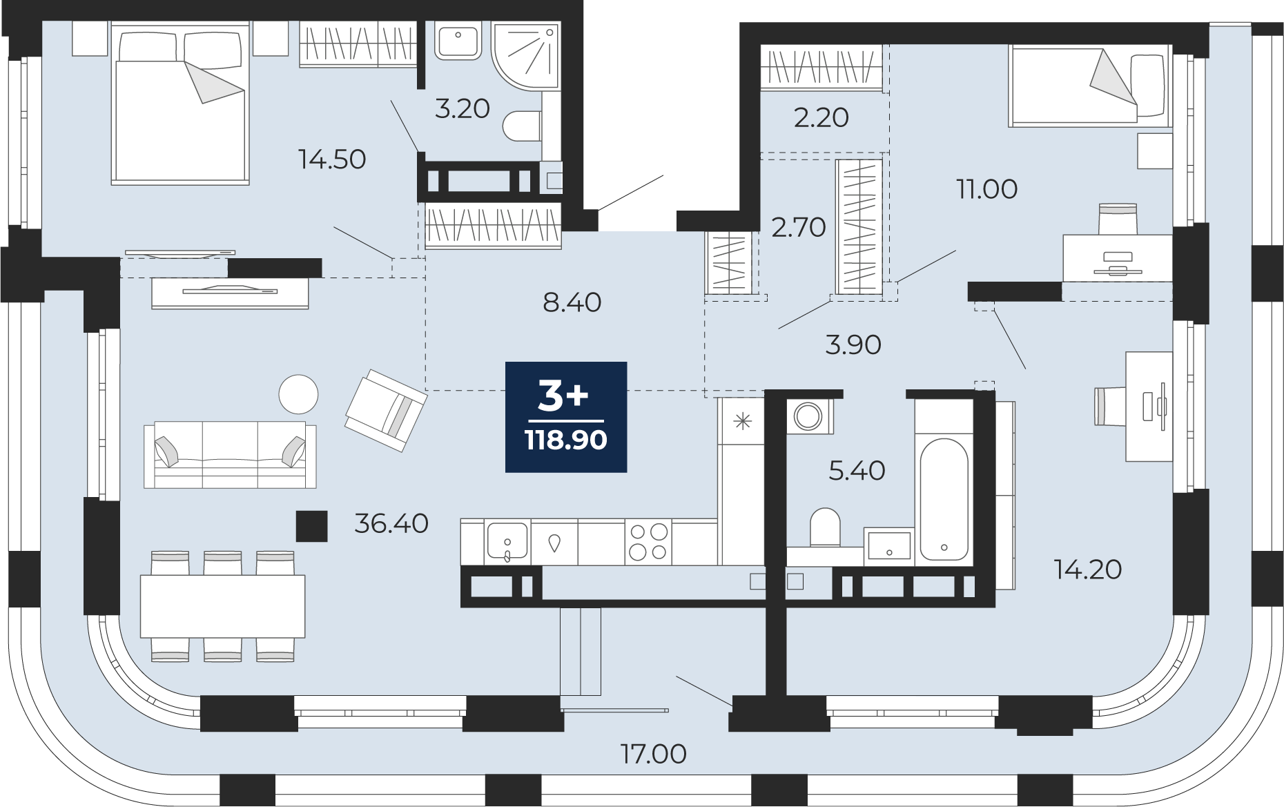 Планировка: 4-комнатная евро 118.9 м² в ЖК Айвазовский, 5-й Заречный