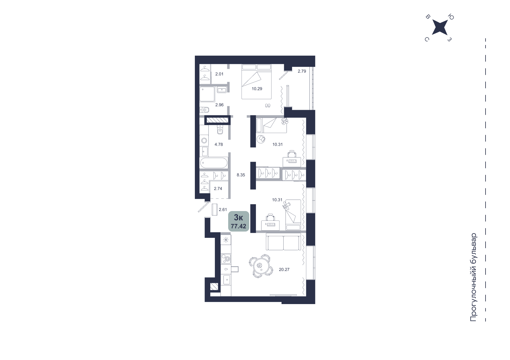 Планировка: 4-комнатная евро 77.4 м² в ЖК Хито, От Слободы до Комарово парк