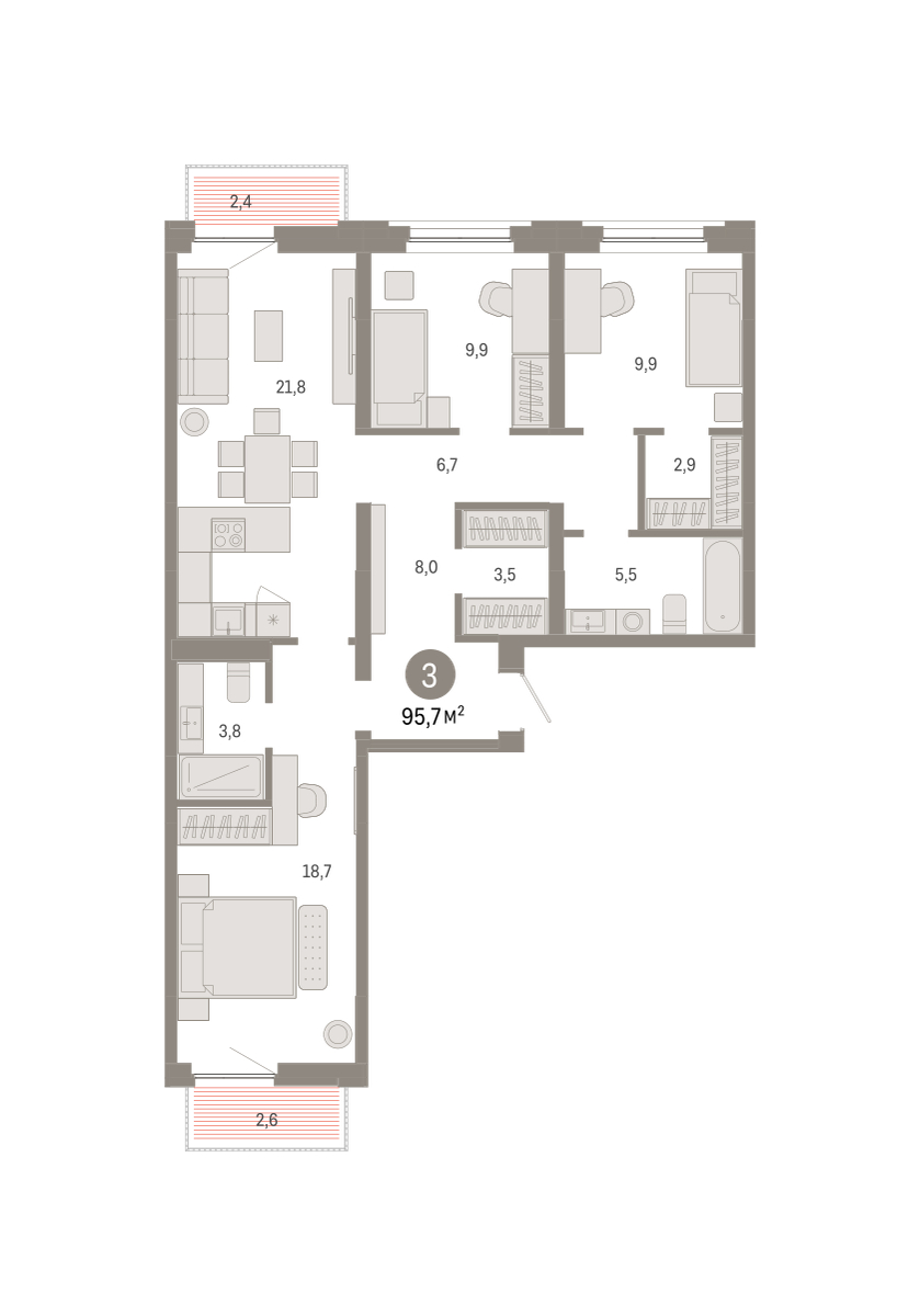 Планировка: 3-комнатная 95.7 м² в ЖК Зарека, Заречный