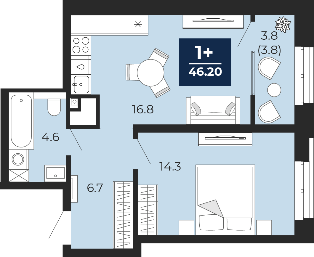 Планировка: Евродвушка 46.2 м² в ЖК Мириады, Мыс