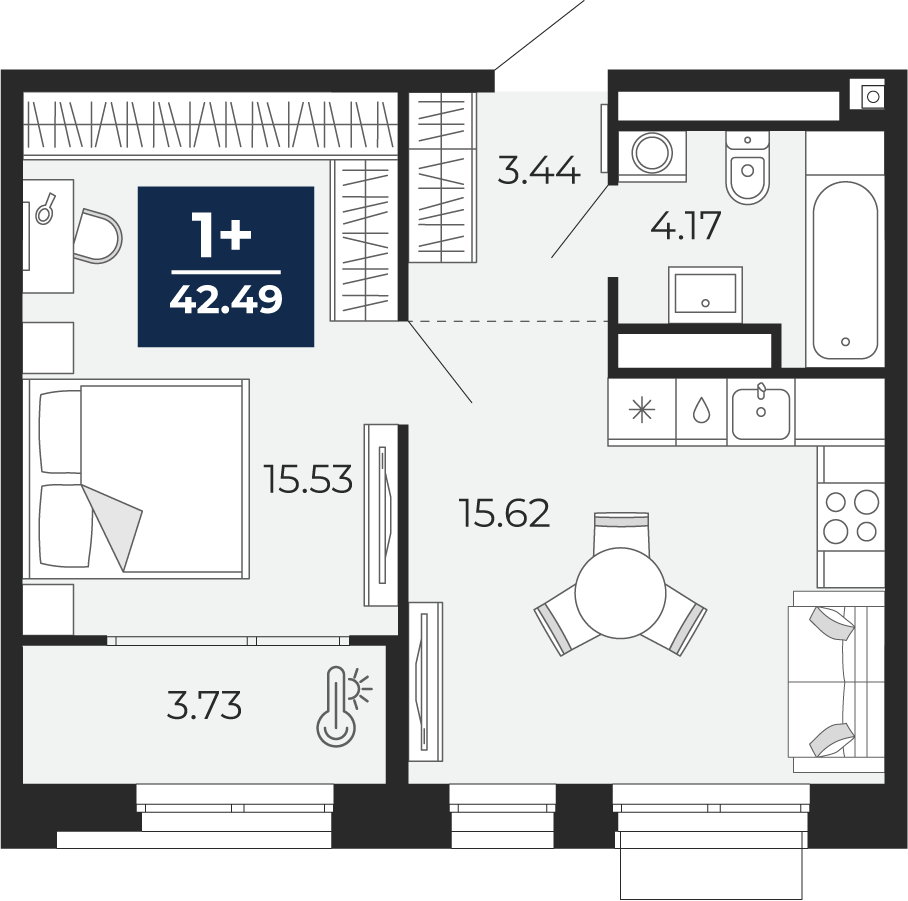 Планировка: Евродвушка 42.5 м² в ЖК Мириады, Мыс