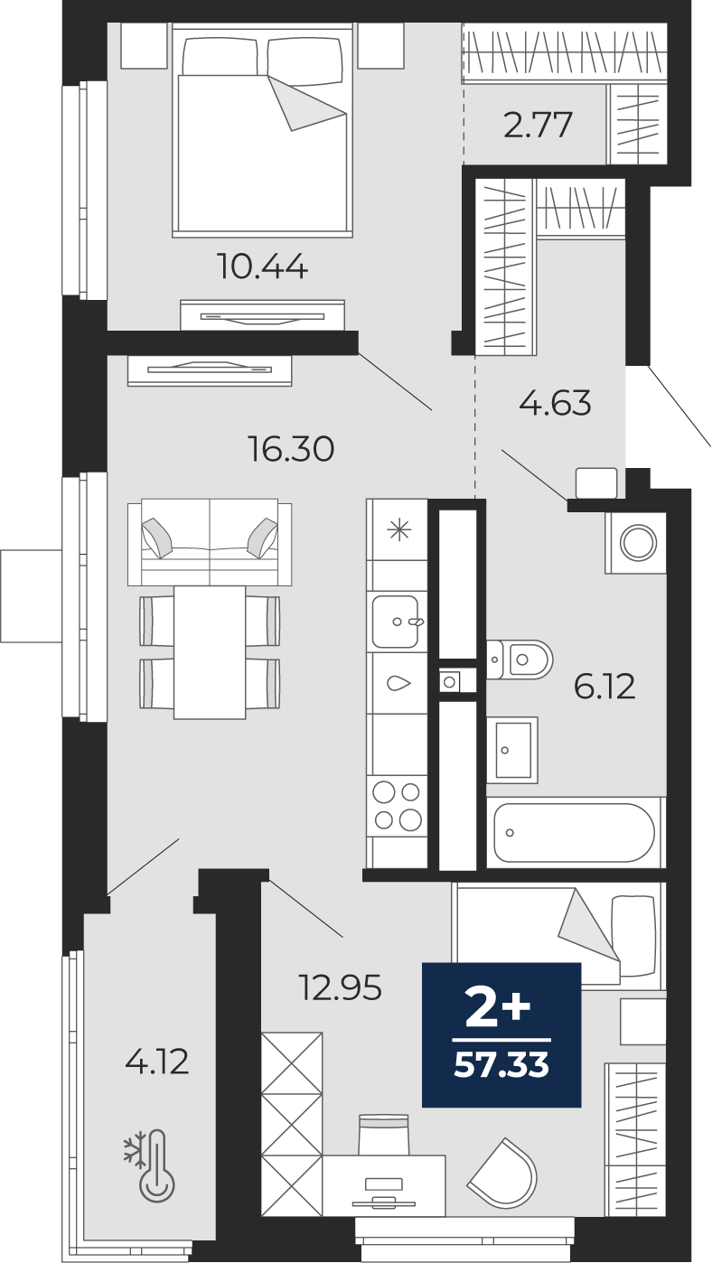 Планировка: Евротрешка 57.3 м² в ЖК Мириады, Мыс