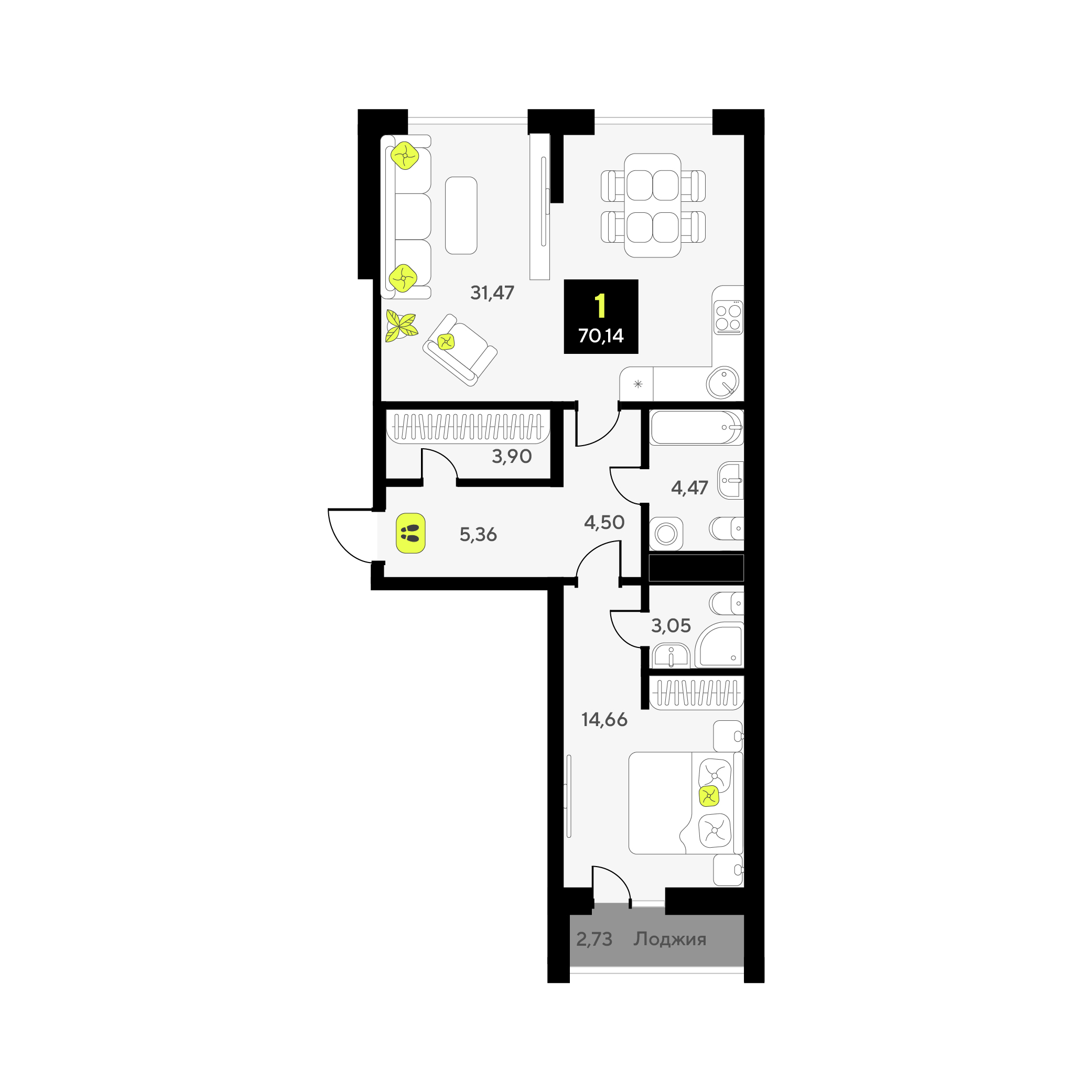 Планировка: Евродвушка 70.1 м² в ЖК Окинава, 5-й Заречный