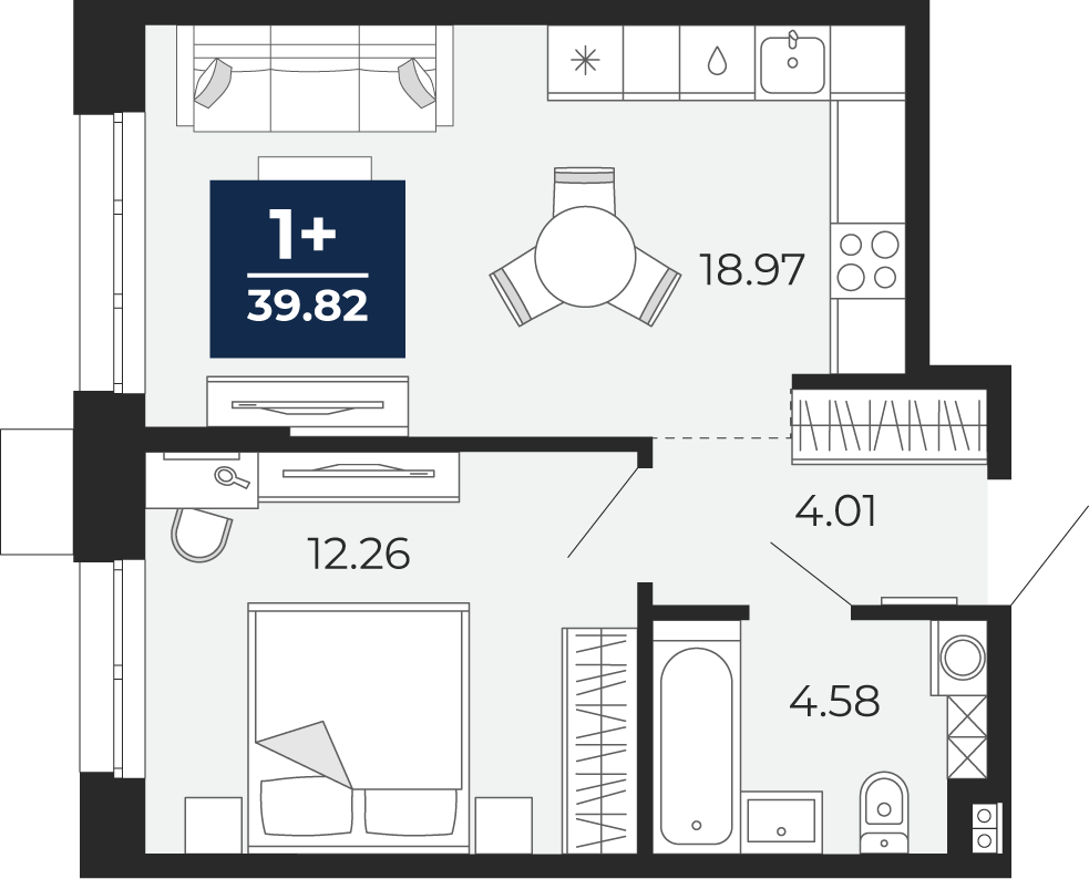 Планировка: Евродвушка 39.8 м² в ЖК Мириады, Мыс