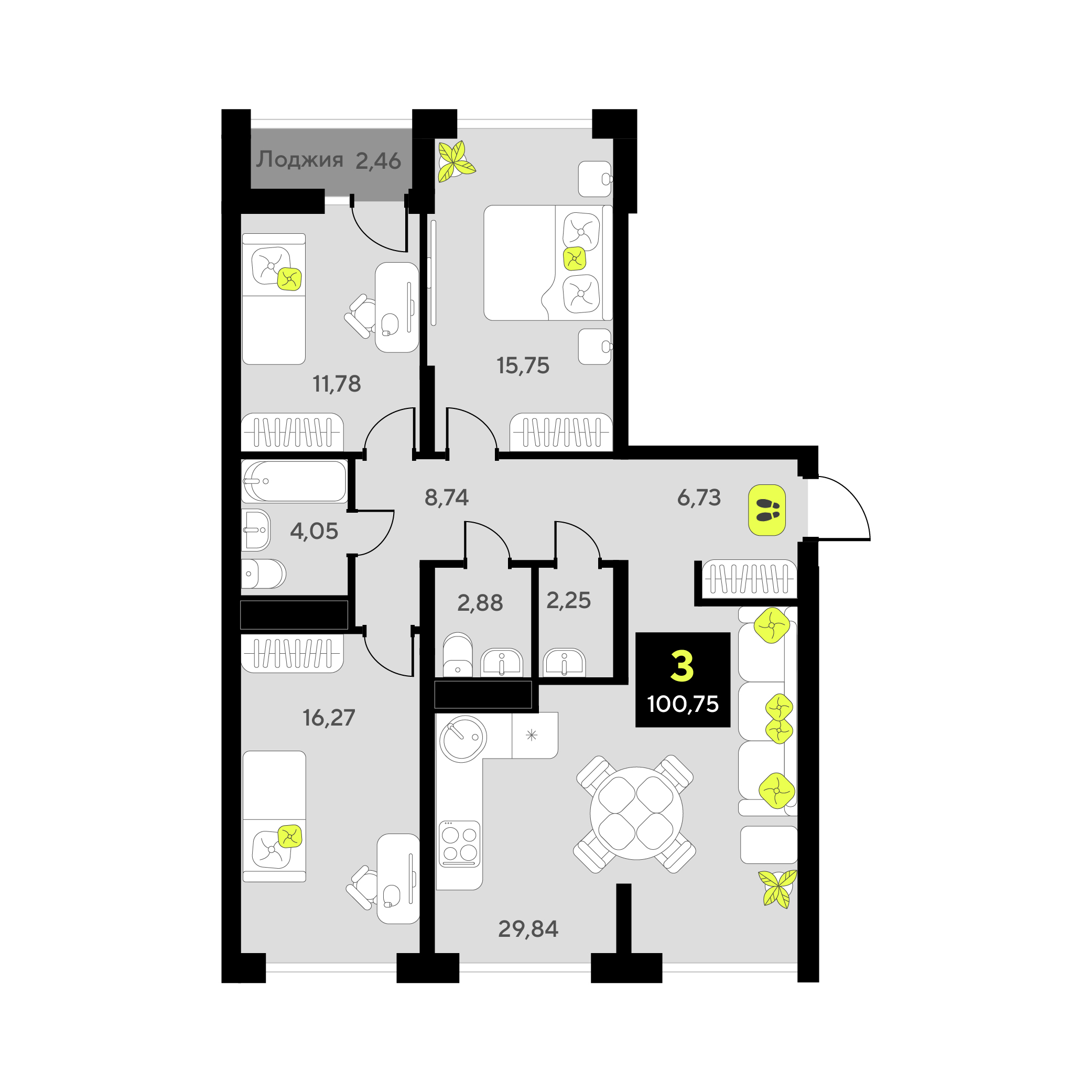 Планировка: 4-комнатная евро 100.8 м² в ЖК Окинава, 5-й Заречный