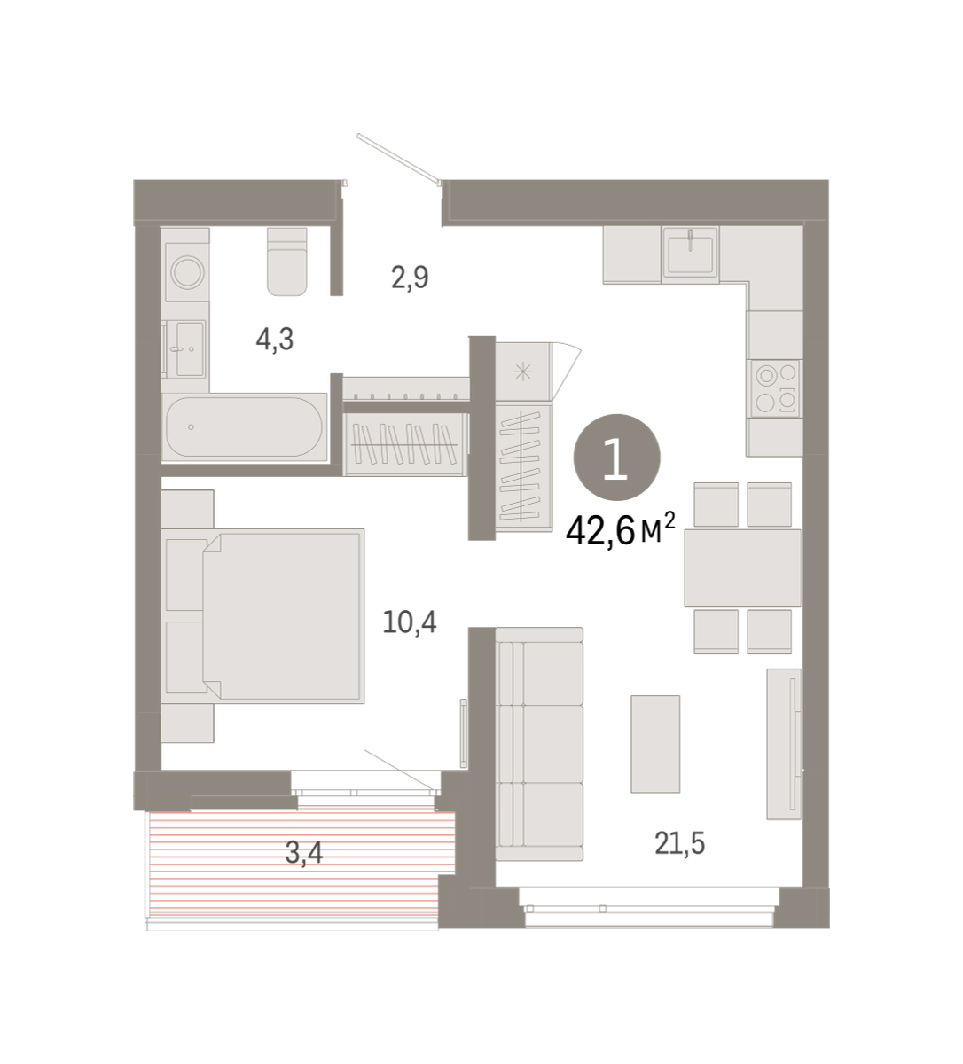Планировка: 1-комнатная 42.6 м² в ЖК Республики 205, Центр: КПД