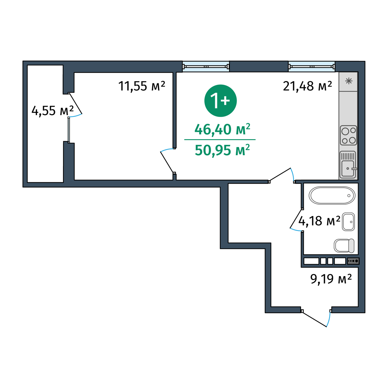 Планировка: 1-комнатная 46.4 м² в ЖК Salut, Заречный