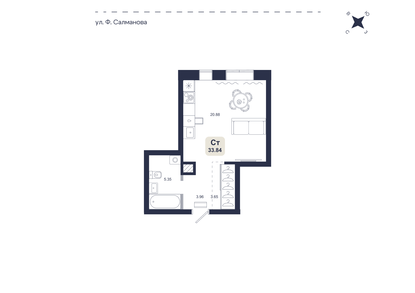 Планировка: Студия 33.8 м² в ЖК Хито, От Слободы до Комарово парк
