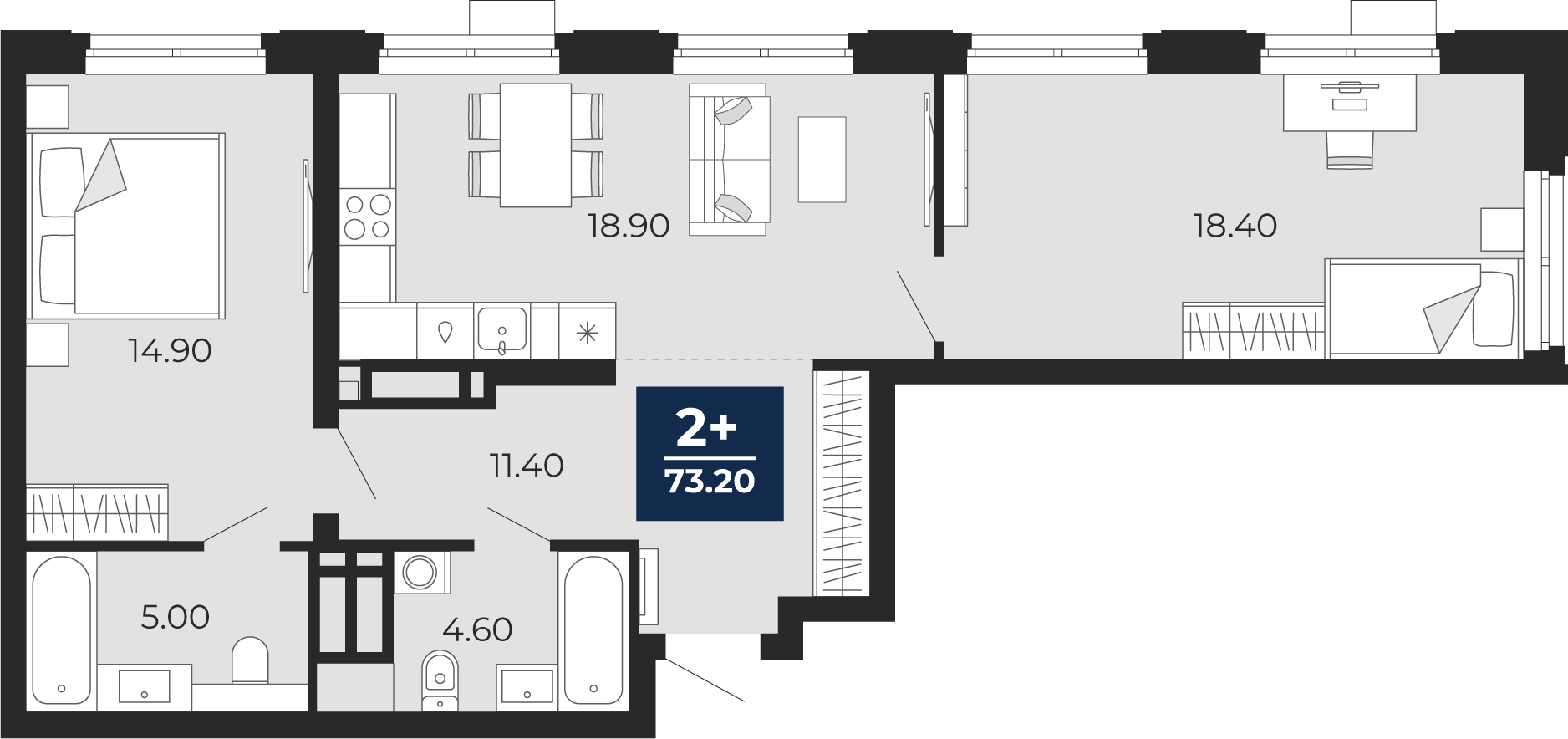 Планировка: Евротрешка 73.2 м² в ЖК Айвазовский, 5-й Заречный