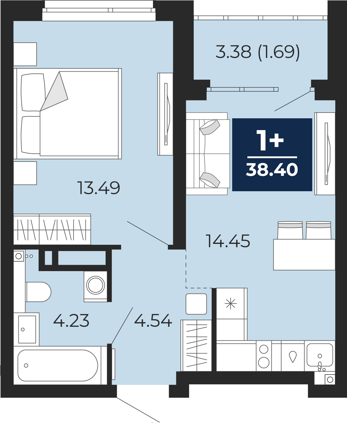 Планировка: Евродвушка 40.1 м² в ЖК Прео, Тюменская слобода