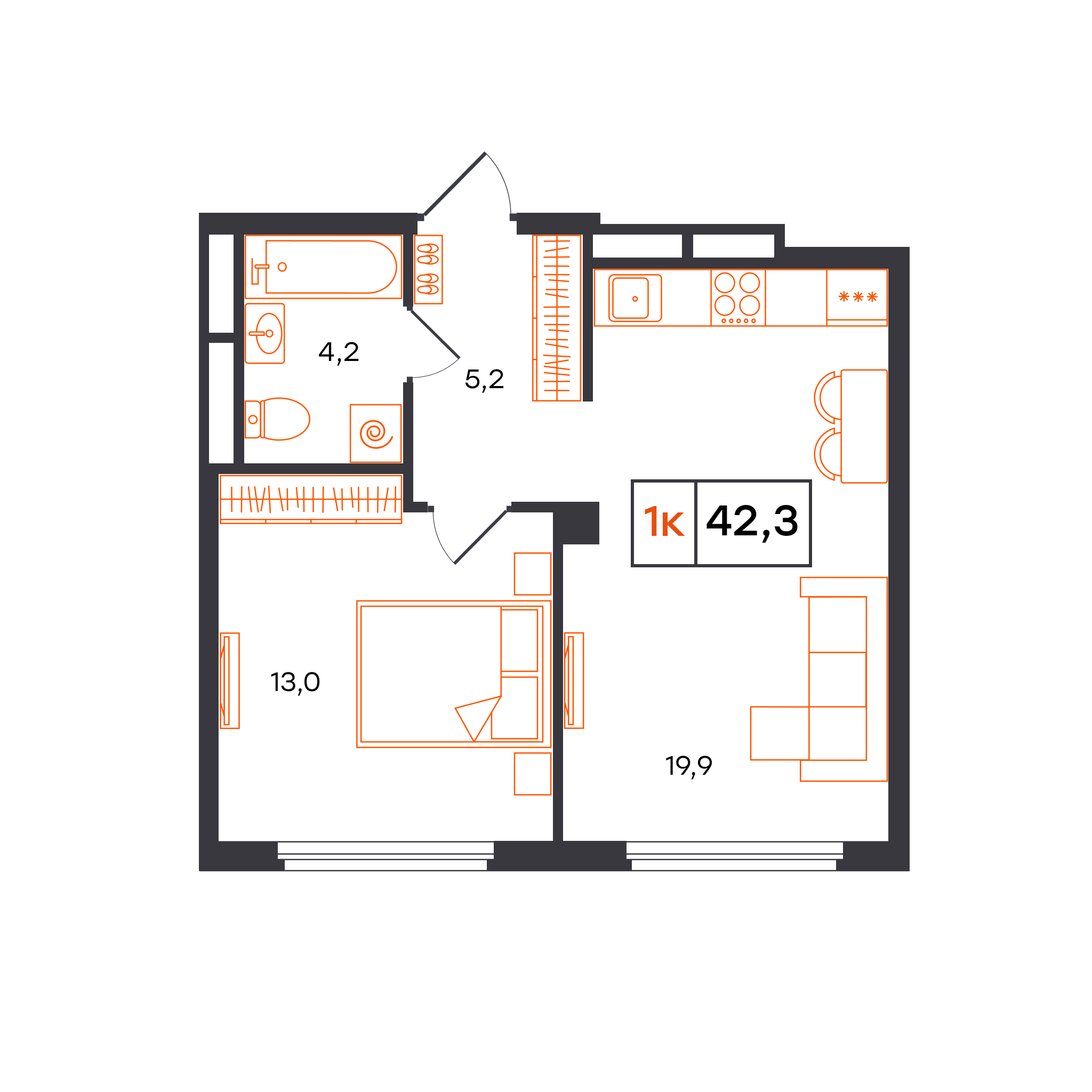 Планировка: Евродвушка 42.3 м² в ЖК Отличие, Комарово Парк