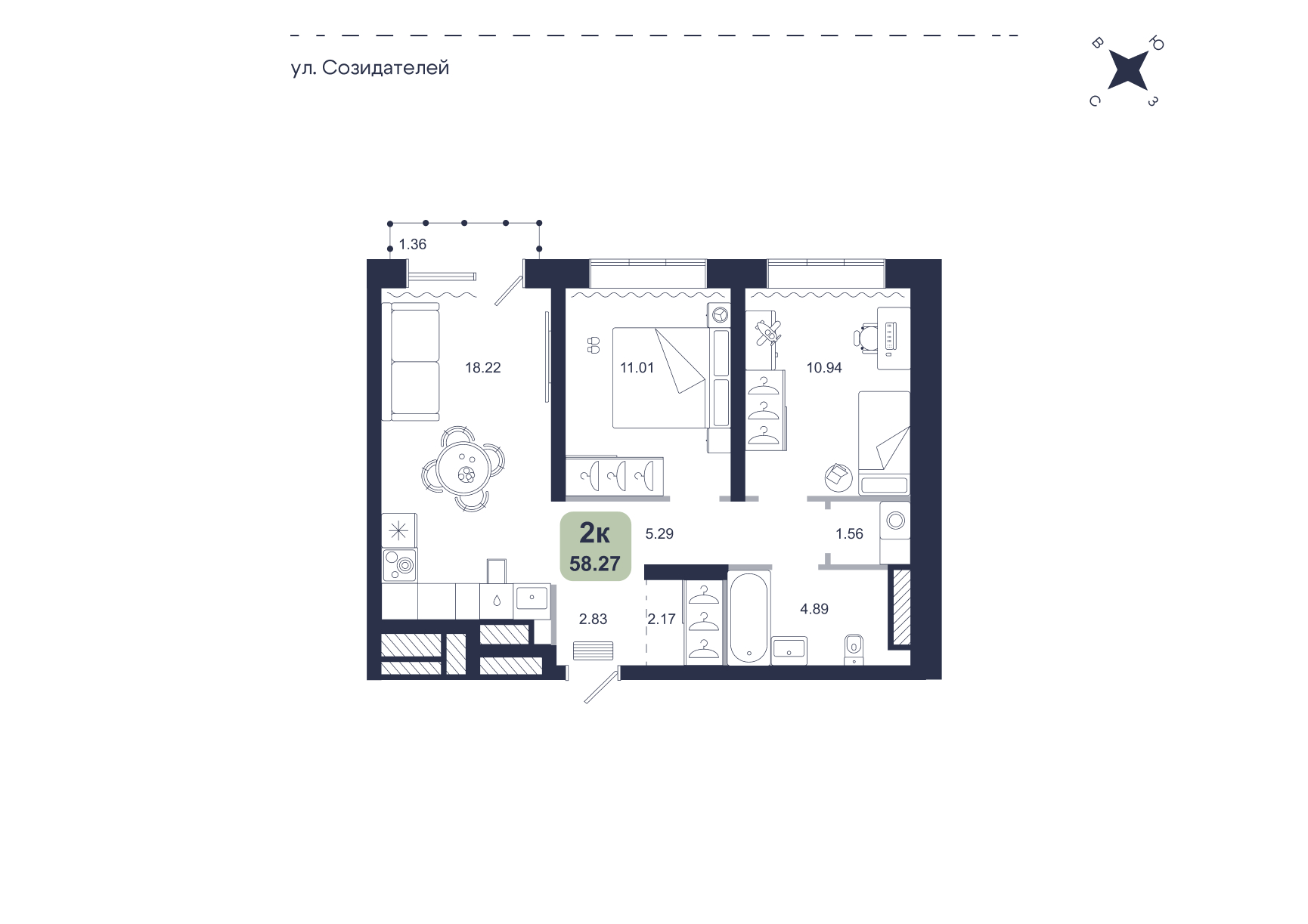 Планировка: Евротрешка 58.3 м² в ЖК Хито, От Слободы до Комарово парк