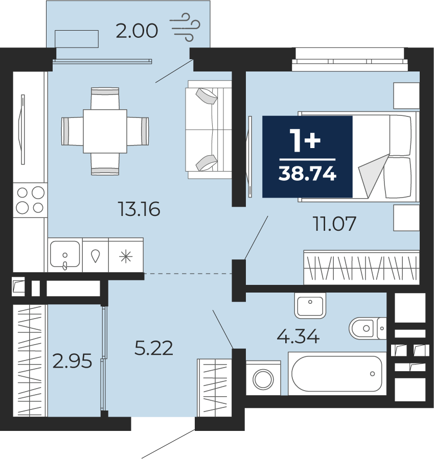 Планировка: Евродвушка 38.7 м² в ЖК Беринг, Лесобаза